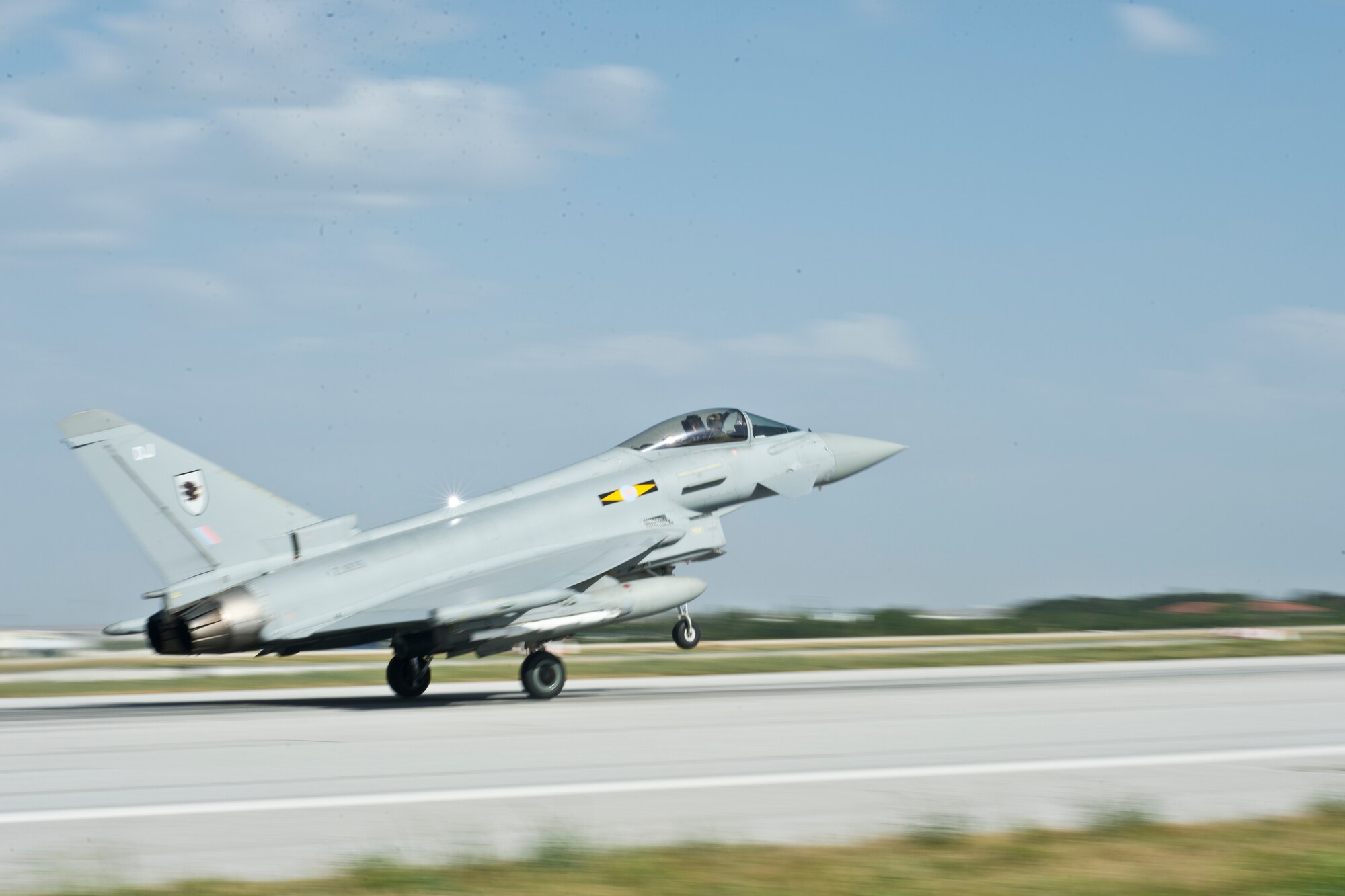 A Royal Air Force Typhoon FGR4 lands during Anatolian Eagle 15, June 9, 2015, at 3rd Main Jet Base, Turkey. Anatolian Eagle is a two-week flying training exercise focused on bolstering partnerships and interoperability with international allies and NATO partners. (U.S. Air Force photo by Tech. Sgt. Eric Burks/Released)