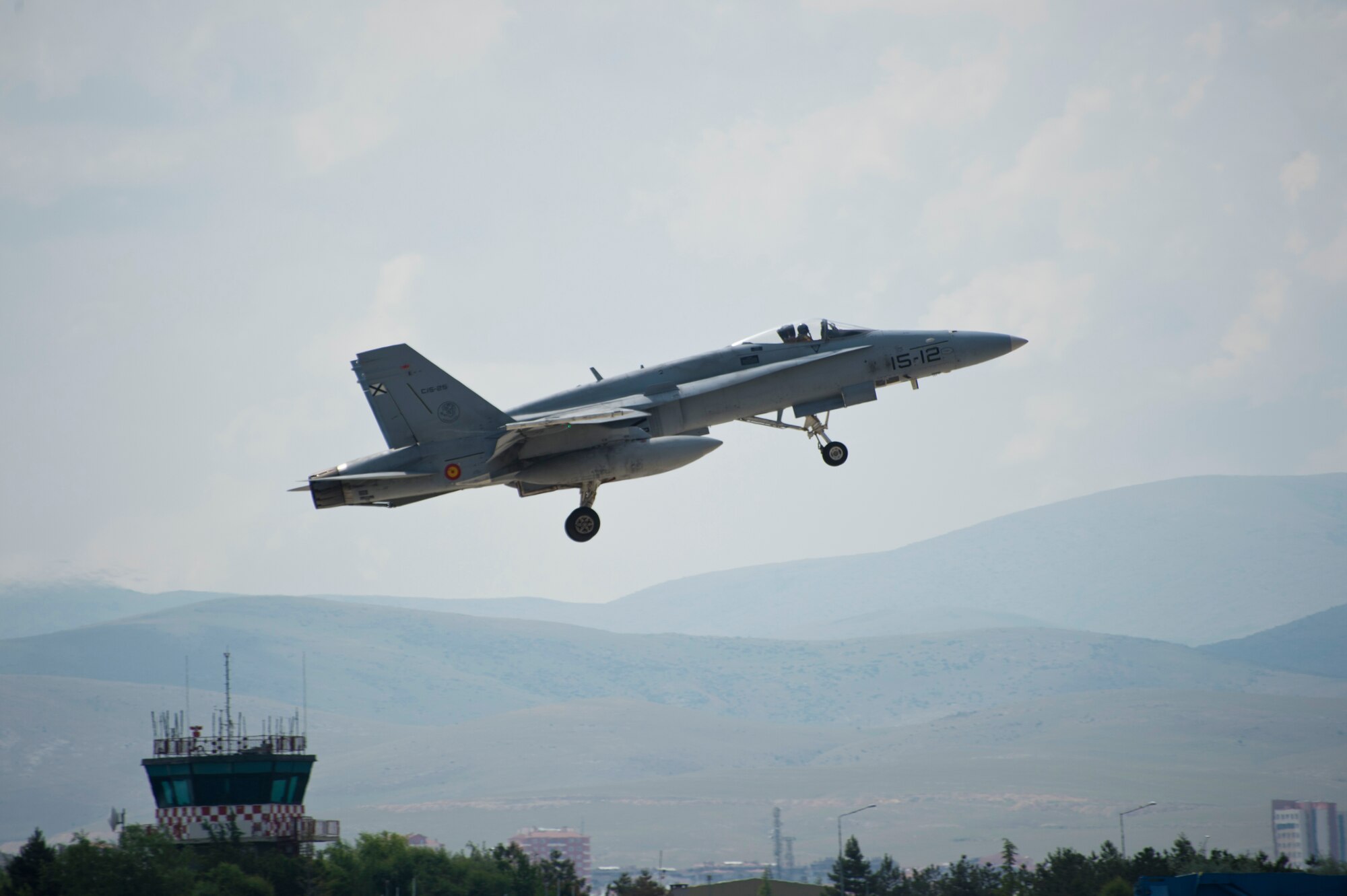 A Spanish Air Force EF-18 Hornet takes off during Anatolian Eagle, June 8, 2015, at 3rd Main Jet Base, Turkey. Spain is one of the six countries participating in the flying exercise focused on improving interoperability and partnership. (U.S. Air Force photo by Tech. Sgt. Eric Burks/Released)
