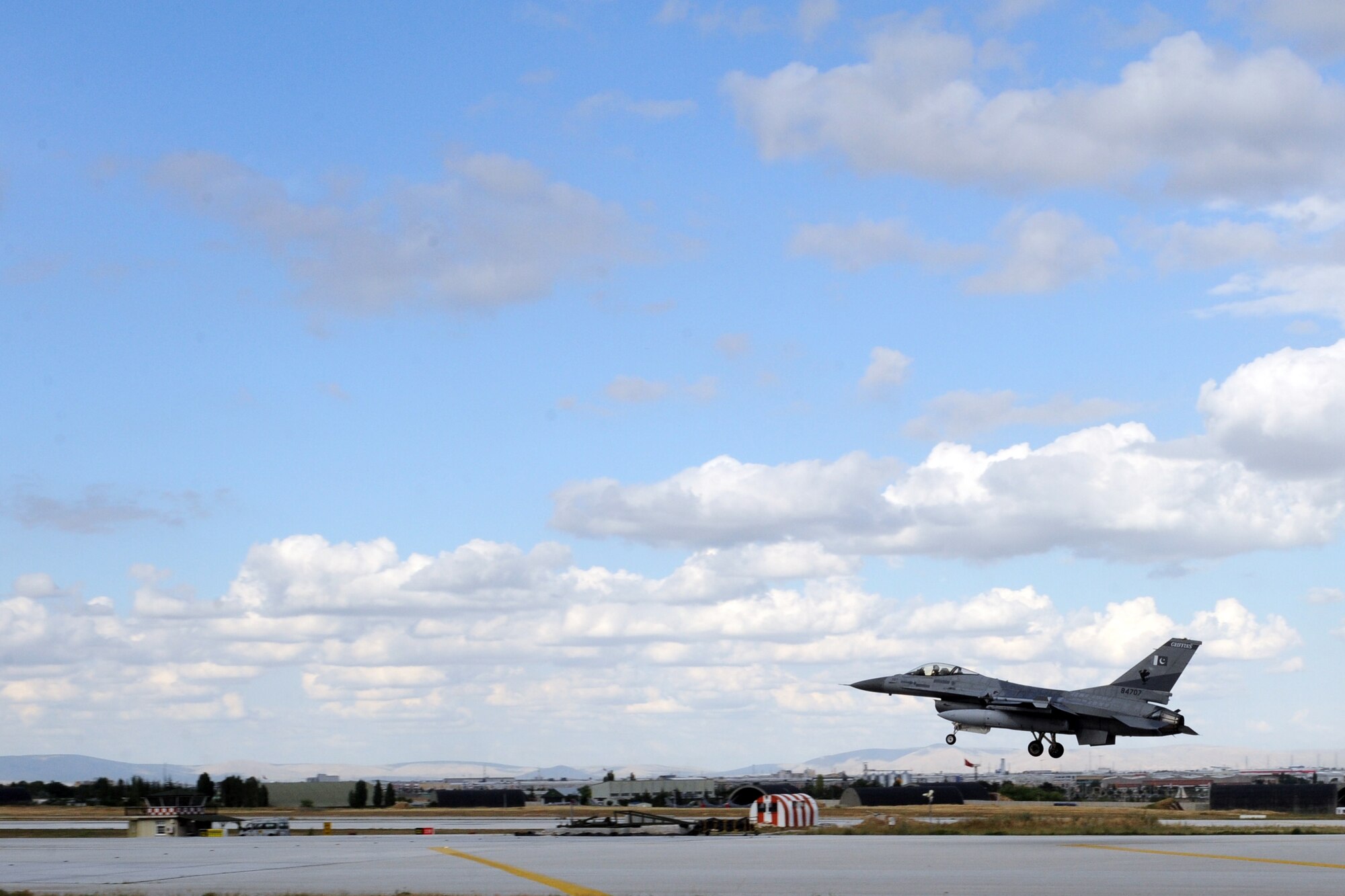 A Pakistan Air Force F-16C Fighting Falcon prepares to land during Anatolian Eagle 15, June 11, 2015, at 3rd Main Jet Base, Turkey. Pakistan is one of the six countries participating in the flying exercise focused on bolstering partnerships and interoperability with international allies and NATO partners. (U.S. Air Force photo by Capt. Remoshay Nelson/Released)