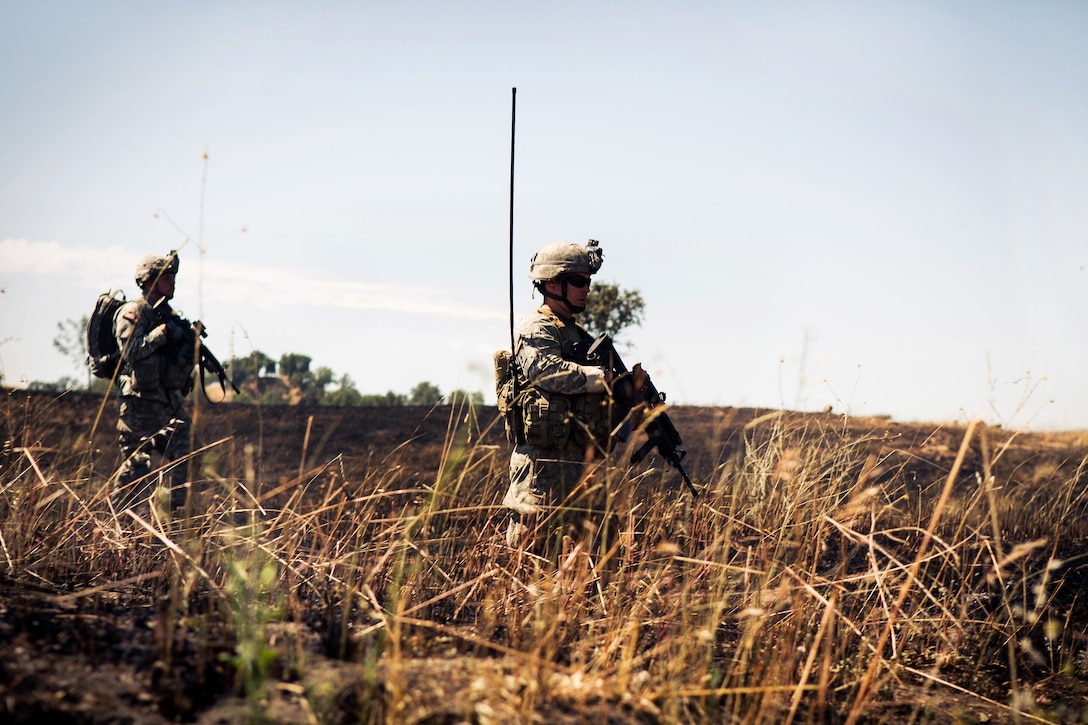 Army Sgt. 1st Class Darren Toedt, right, observes his platoon’s movement technique during a deliberate attack live-fire exercise at Fort Hunter Liggett, Calif., June 12, 2015. Toedt is a platoon sergeant assigned to Company C, 1st Battalion, 160th Infantry Regiment.  
