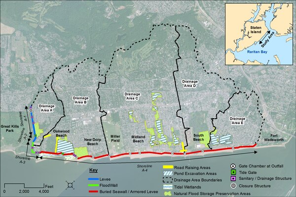 This map shows the various elements of the coastal storm risk management plan being recommended in the Draft South Shore of Staten Island Coastal Storm Risk Management Feasibility Study publicly released for public feedback in June 2015. The Draft Report and Draft Environmental Impact Statement for the Staten Island project and associated documents are available on New York District’s web site at www.nan.usace.army.mil/StatenIsland. 