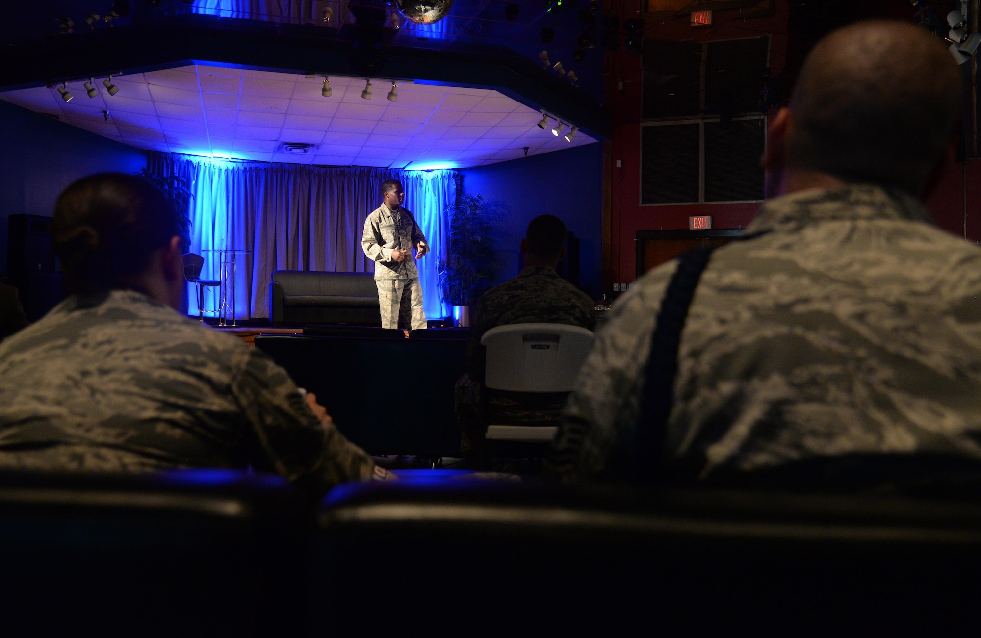 Staff Sgt. LC Fowler, 336th Training Squadron military training leader, speaks during an installment of Air Force Storytellers during Wingman Week, June 9, 2015 at the Vandenberg Community Center, Keesler Air Force Base, Mississippi. Created in 2012, Storytellers is an initiative grown from former Chief Master Sgt. of the Air Force James Roy’s open-ended question: “Every Airman has a story. What’s yours?” (U.S. Air Force photo by Senior Airman Holly Mansfield)