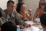 Army 1st Lt. Aaron Rosheim, a helicopter pilot with the Iowa National
Guard's C Company, 2-147th Aviation Battalion, explains an essay assignment
to a group of students at the Youth Center in Ferizaj/Urosevac, Kosovo, Aug.
3, 2010. Rosheim wass among a group of MNBG-E Soldiers, who visited the
youth center twice a week to prepare a group of students to take an English
language test. Rosheim was deployed as a part of MNBG-E in support of the
NATO peacekeeping mission in Kosovo.
