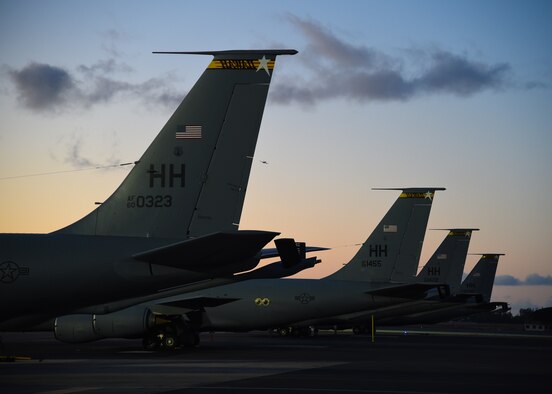 Four KC-135 Stratotankers from the 96th Air Refueling Squadron, parked on the flight line prior to the final operational mission of the 96th ARS on Joint Base Pearl Harbor-Hickam, Hawaii, June 11, 2015. To mark the historic final mission four KC-135 showed the range of KC-135 capabilities by conducting aerial refueling and defensive maneuvering as a four ship. The flight celebrates the 96th ARS five years of service as a total force integration squadron at the 15th Wing. (U.S. Air Force Photo by Tech Sgt. Aaron Oelrich/Released)
