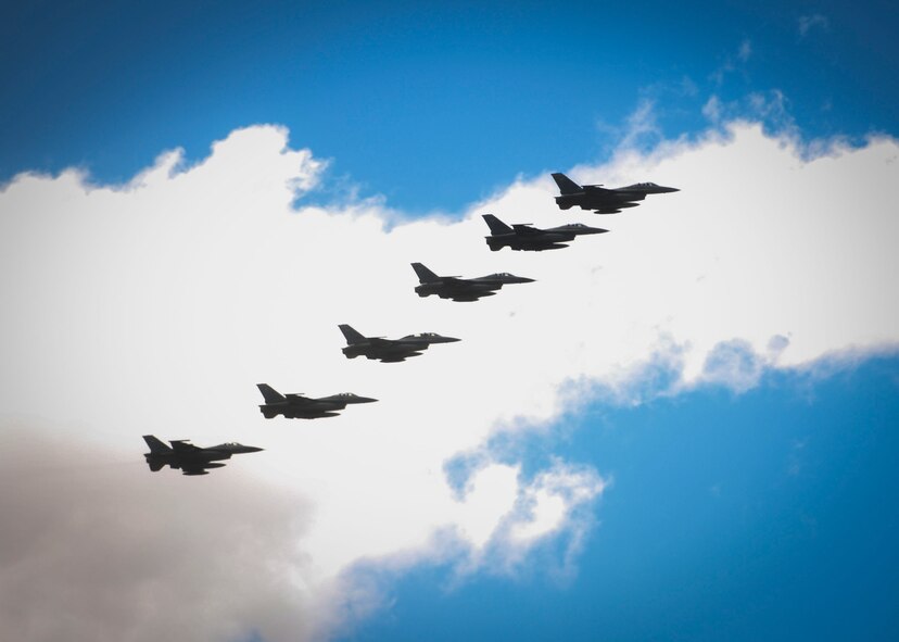 Six F-16 Fighting Falcons from Luke Air Force Base, Ariz. arrive in formation at Holloman Air Force Base, N.M., June 16. The 314th Fighter Squadron and their F-16s have moved their base of operations to Holloman as a tenant unit, along with other squadrons from the 54th Fighter Group. The 314th FS will be soon be activated so they can continue their training mission at Holloman. (U.S. Air Force photo by Senior Airman Chase Cannon / Released)