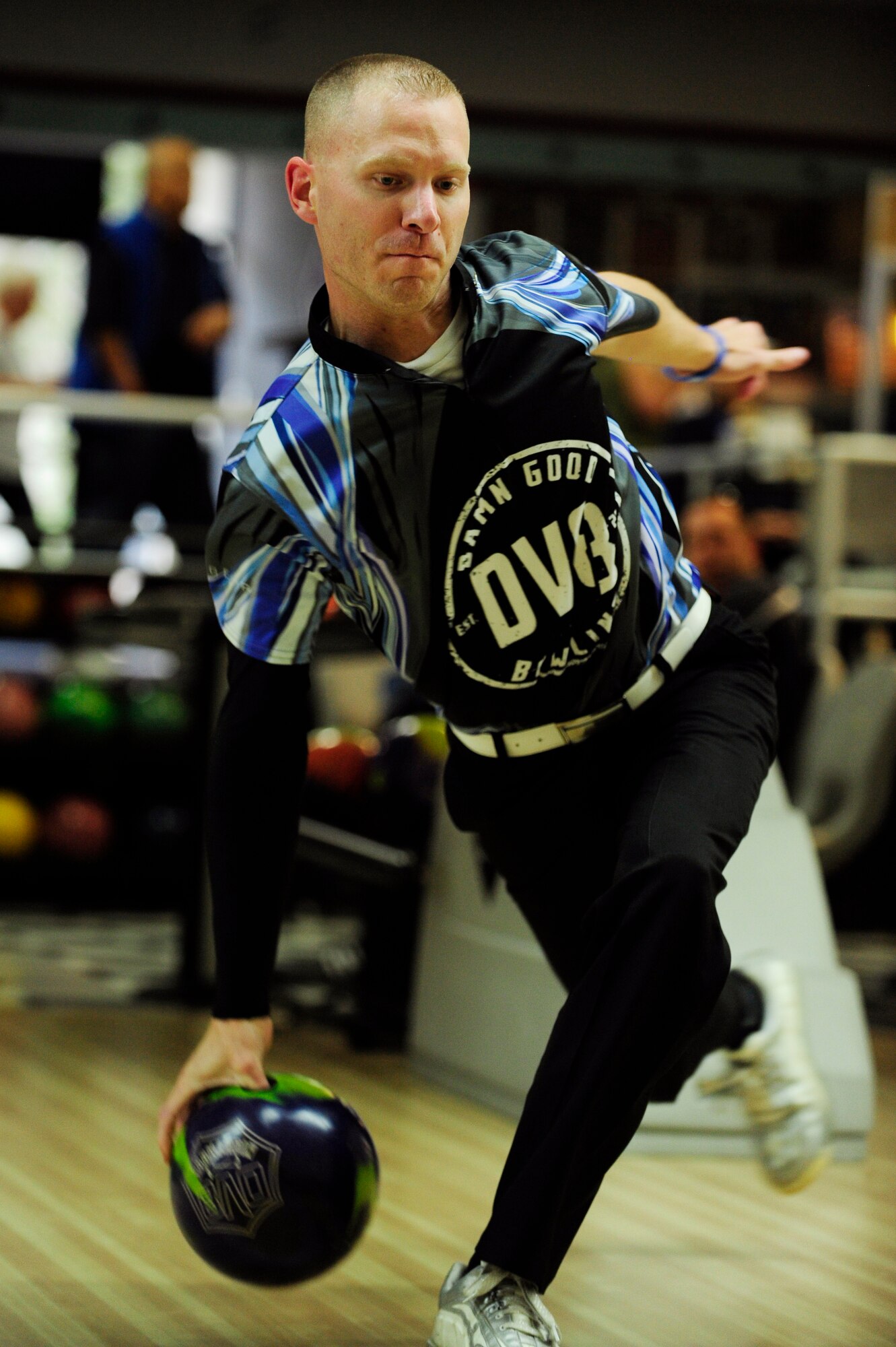 Staff Sgt. Edward Caldwell, 1st Air and Space Test Squadron spacelift mission assurance technician, bowls at the Surf Lanes bowling center, June 11, 2015, Vandenberg Air Force Base, Calif. Caldwell represented the Air Force in the 2015 Armed Forces Championship. (U.S. Air Force photo by Staff Sgt. Jim Araos/Released) 