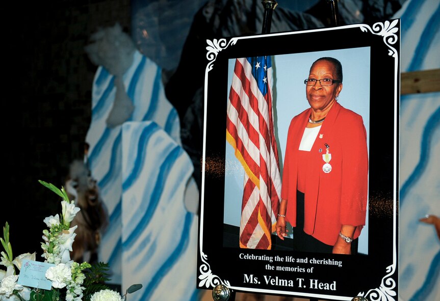 A remembrance photo of Velma Head is displayed during her memorial service June 11, 2015, at Moody Air Force Base, Ga. Head served as the 23d Medical Group commanders’ secretary from 1992 until her retirement in January 2015. (U.S. Air Force photo by Senior Airman Olivia Bumpers/Released)