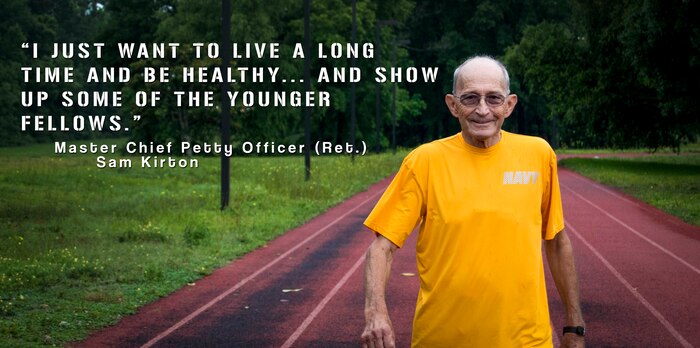 Master Chief Petty Officer (ret) Sam Kirton inspires Airmen and Sailors to stay fit by participating in a combine Air Force / Navy PT test June 10, 2015 at Joint Base Charleston, S.C. Kirton finished with an adjusted score of 96.5 percent. (U.S. Air Force photo illustration / Senior Airman Sydney Manning)
