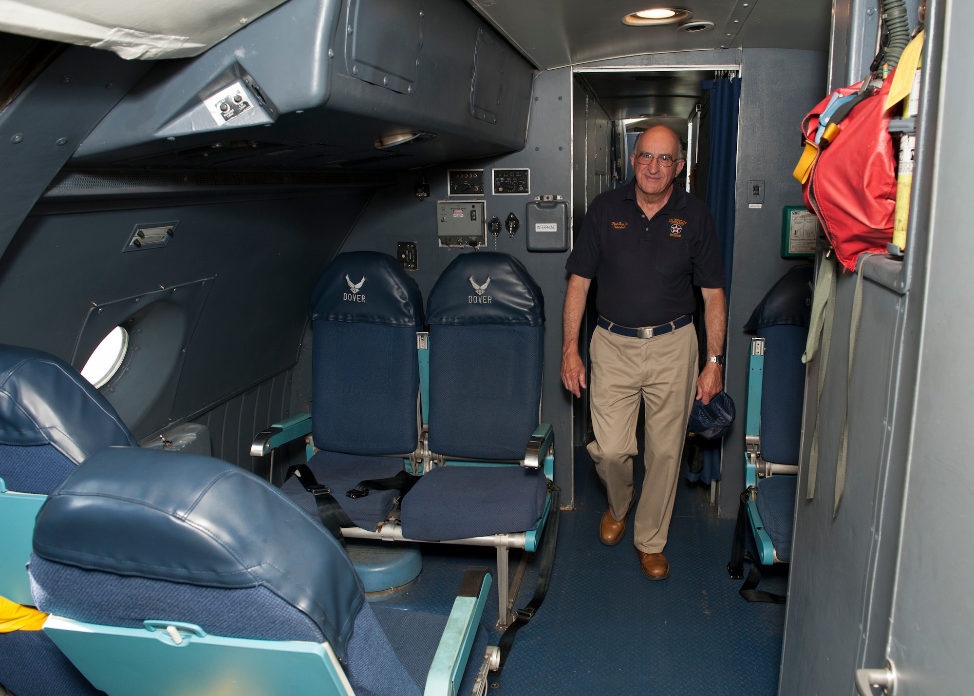 Paul Roy, Air Mobility Command Museum volunteer, walks through relief crew area behind the flight deck of a C-5M Super Galaxy June 13, 2015, at Dover Air Force Base, Del. Roy, a retired chief master sergeant, served as a flight engineer on board C-5s, “A” and “B” models. (U.S. Air Force photo/Airman 1st Class Zachary Cacicia) 