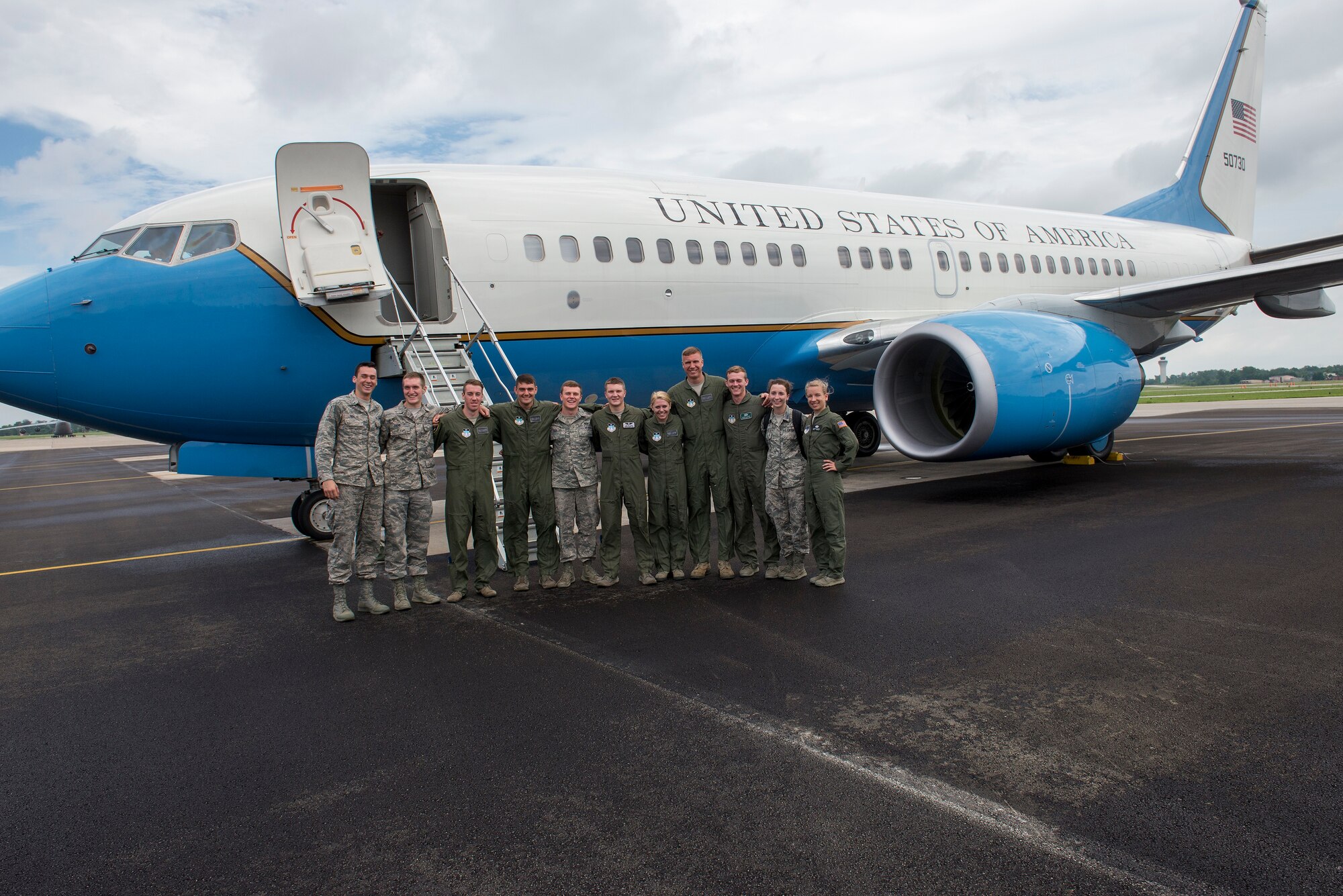 Cadets from the Air Force Academy toured and flew on a C-40 for part of the Air Force Operations program June 8, 2015 at Scott Air Force Base, Illinois. The cadets toured Scott from June 2 to 17 to gain exposure to what a real-world Air Force base environment is like. (U.S. Air Force Photo by Airman 1st Class Megan Friedl)