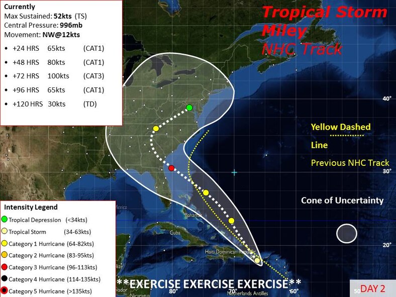 An exercise map details the projected path of Hurricane Miley during a hurricane evacuation exercise at Shaw Air Force Base, S.C., June 9, 2015. The exercise tested the readiness of Team Shaw in the event a hurricane would make it inland and hit the base. (Courtesy graphic) 