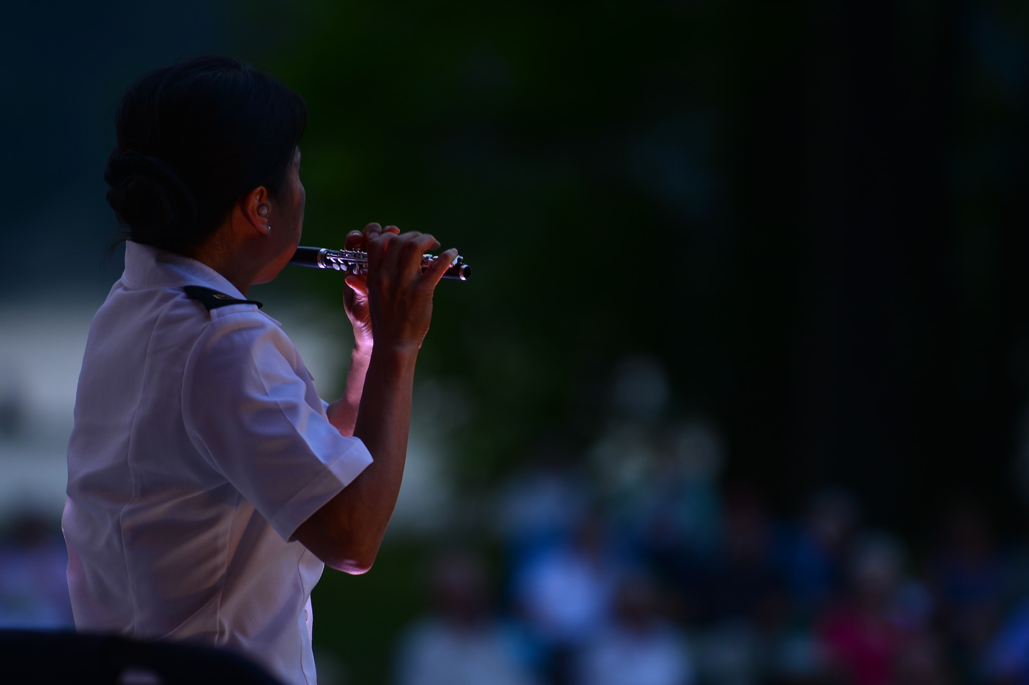 U.S. Army Staff Sgt. Alice Park, U.S. Army Training and Doctrine Command A band concert ensemble flautist, performs during the 240th Army Birthday concert and streamer ceremony at Fort Eustis, Va., June 12, 2015. During the band’s performance, Park stepped center stage to play a solo for the crowd of Soldiers and community members who gathered to celebrate the Army’s history.  (U.S. Air Force photo by Staff Sgt. Natasha Stannard)