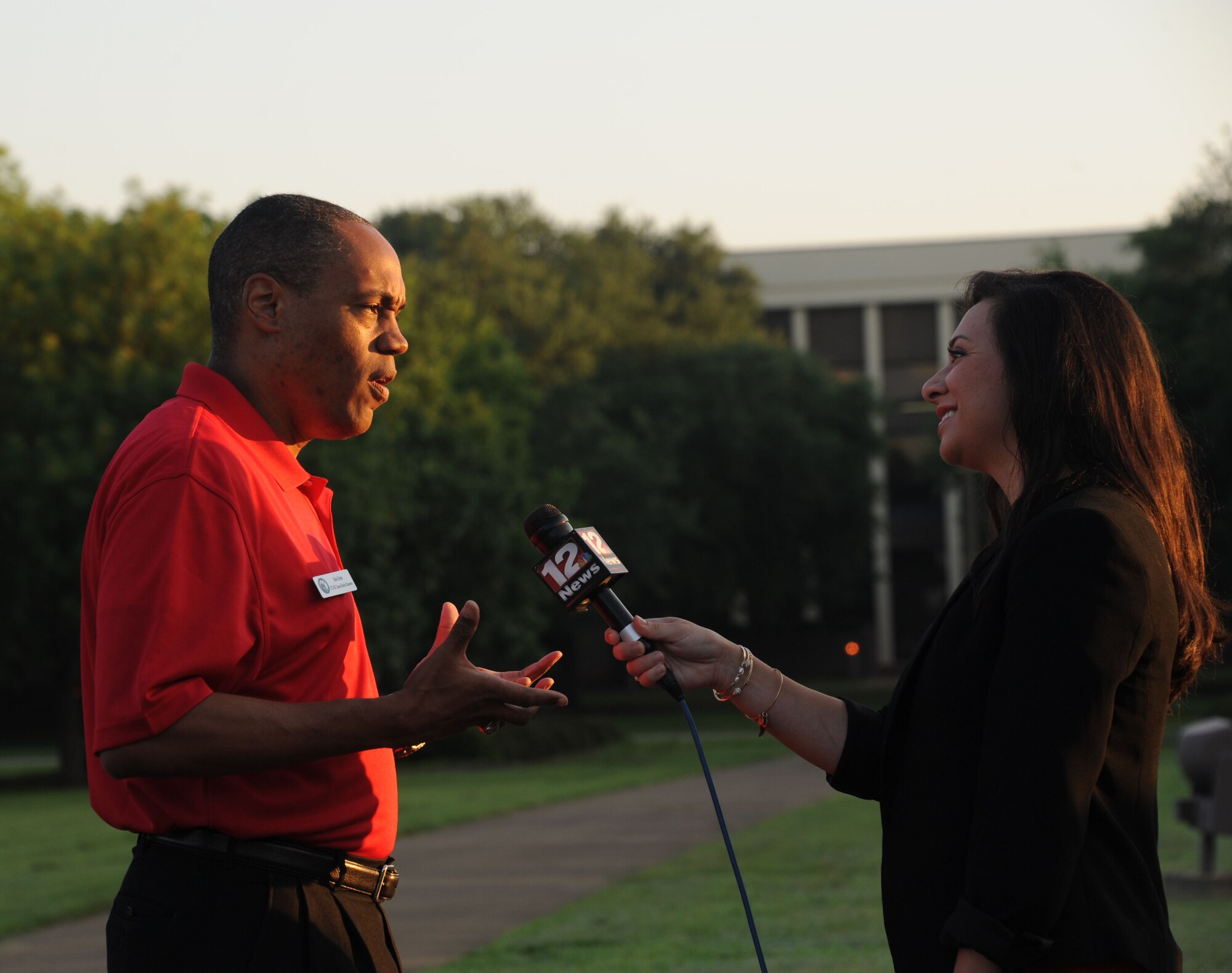 Retired Air Force Col. Benjamin Alvin Drew, 2015 Gathering of Eagles honoree, speaks with a television news reporter about his experience in the Air Force and as a NASA astronaut, June 3, 2015, Maxwell Air Force Base, Alabama. During Gathering of Eagles, Drew and 11 other GOE honorees participated in numerous events where they shared experiences that led to significant contributions to air, space and cyberspace power with local Airmen and the surrounding community.  (U.S. Air Force photo by Airman 1st Class Alexa Culbert)