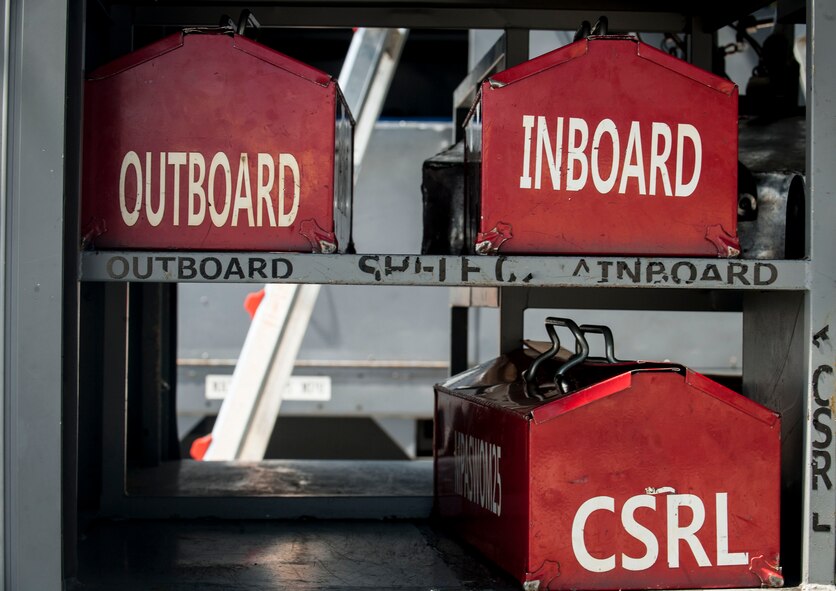 Tool boxes line shelves in a mobile tool crib on the flightline at Minot Air Force Base, N.D., June 11, 2015. In addition to a variety of specialized tools, aircraft maintenance Airmen also utilize safety equipment such as harnesses and safety glasses as well as technical orders while working on the base’s B-52H Stratofortresses. (U.S. Air Force photo/Senior Airman Stephanie Morris)