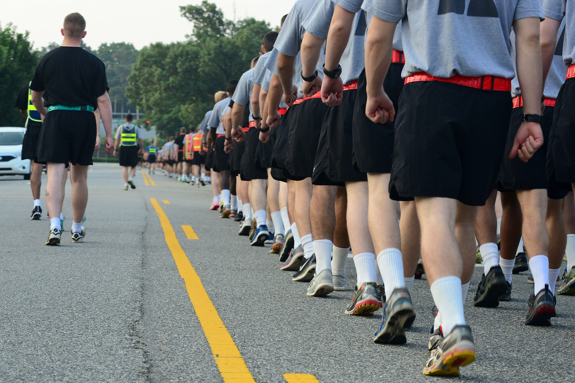 U.S. Army Soldiers march in formation before the Army birthday run at Fort Eustis, Va., June 11, 2015. The Soldiers used the run as a way to emphasize esprit de corps and to celebrate the 240th birthday of the Army.  (U.S. Air Force photo by Senior Airman Kimberly Nagle/Released)  