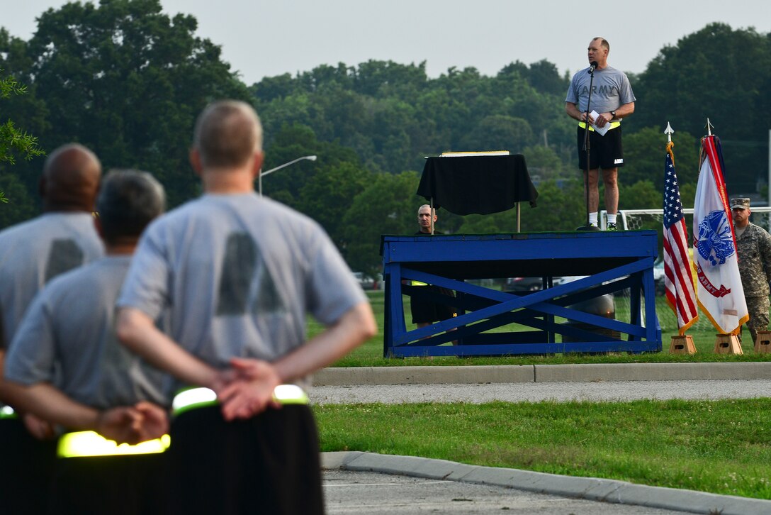 U.S. Army Maj. Gen. Rex Spitler, U.S. Army Training and Doctrine Command deputy chief of staff, speaks to Soldiers before the Army Birthday run at Fort Eustis, Va., June 11, 2015. Spitler thanked the runners for participating in the event and wished them a happy Army birthday. (U.S. Air Force photo by Senior Airman Kimberly Nagle/Released)  