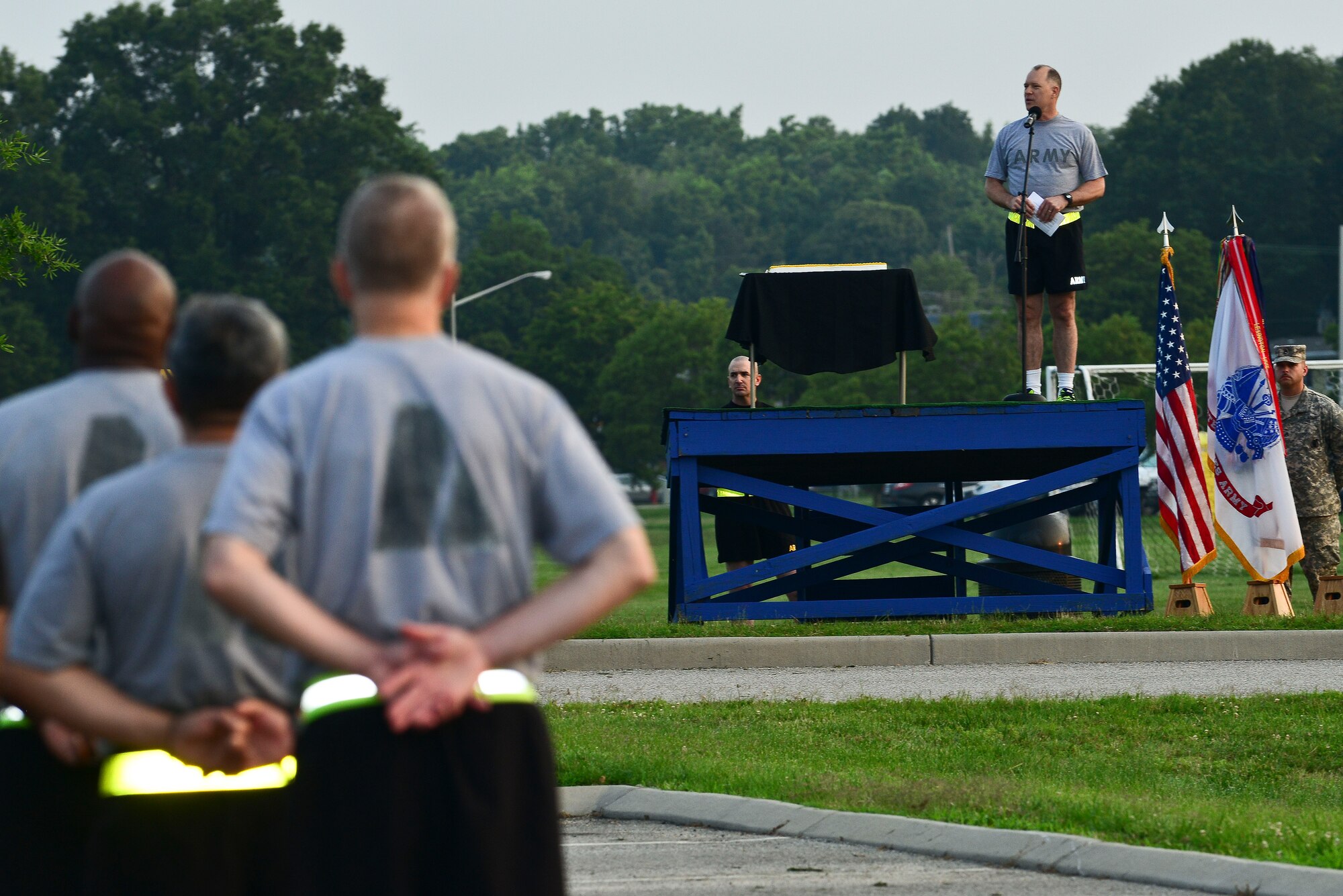 U.S. Army Maj. Gen. Rex Spitler, U.S. Army Training and Doctrine Command deputy chief of staff, speaks to Soldiers before the Army Birthday run at Fort Eustis, Va., June 11, 2015. Spitler thanked the runners for participating in the event and wished them a happy Army birthday. (U.S. Air Force photo by Senior Airman Kimberly Nagle/Released)  
