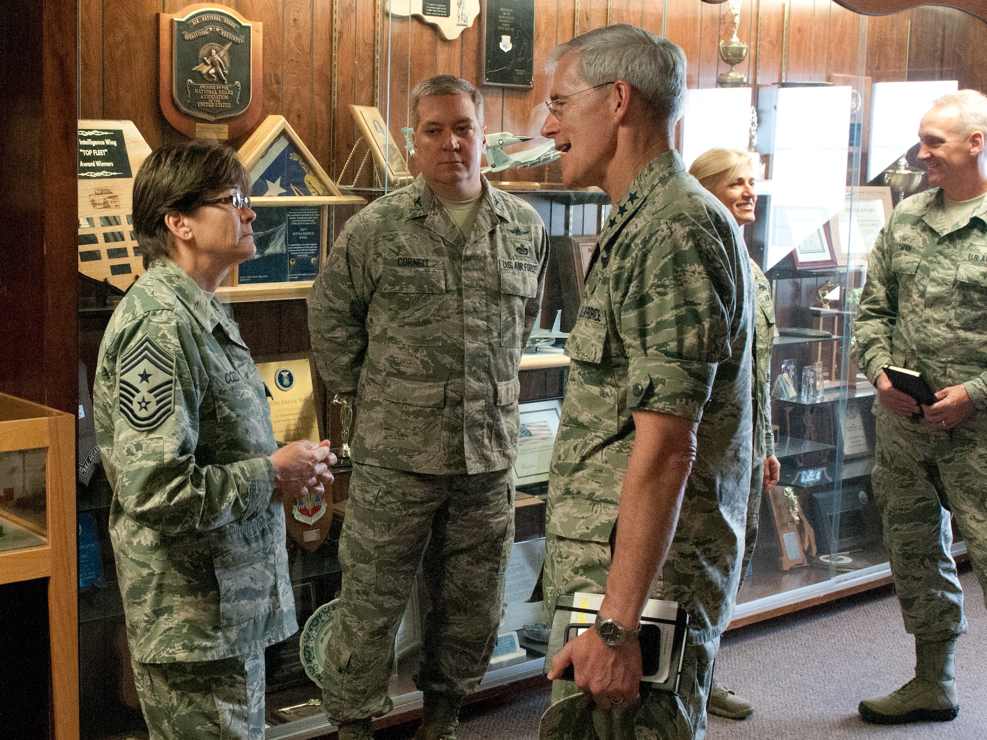 Lt. Gen. Robert Otto, Deputy Director for Intelligence, Surveillance and Reconnaissance (ISR), Headquarters U.S. Air Force, chats with Chief Master Sgt. Karen Cozza, 102nd Intelligence Wing Command Chief during a visit to Otis Air National Guard Base, Mass., June 3, 2015.  (Air National Guard photo by Mr. Timothy D. Sandland)