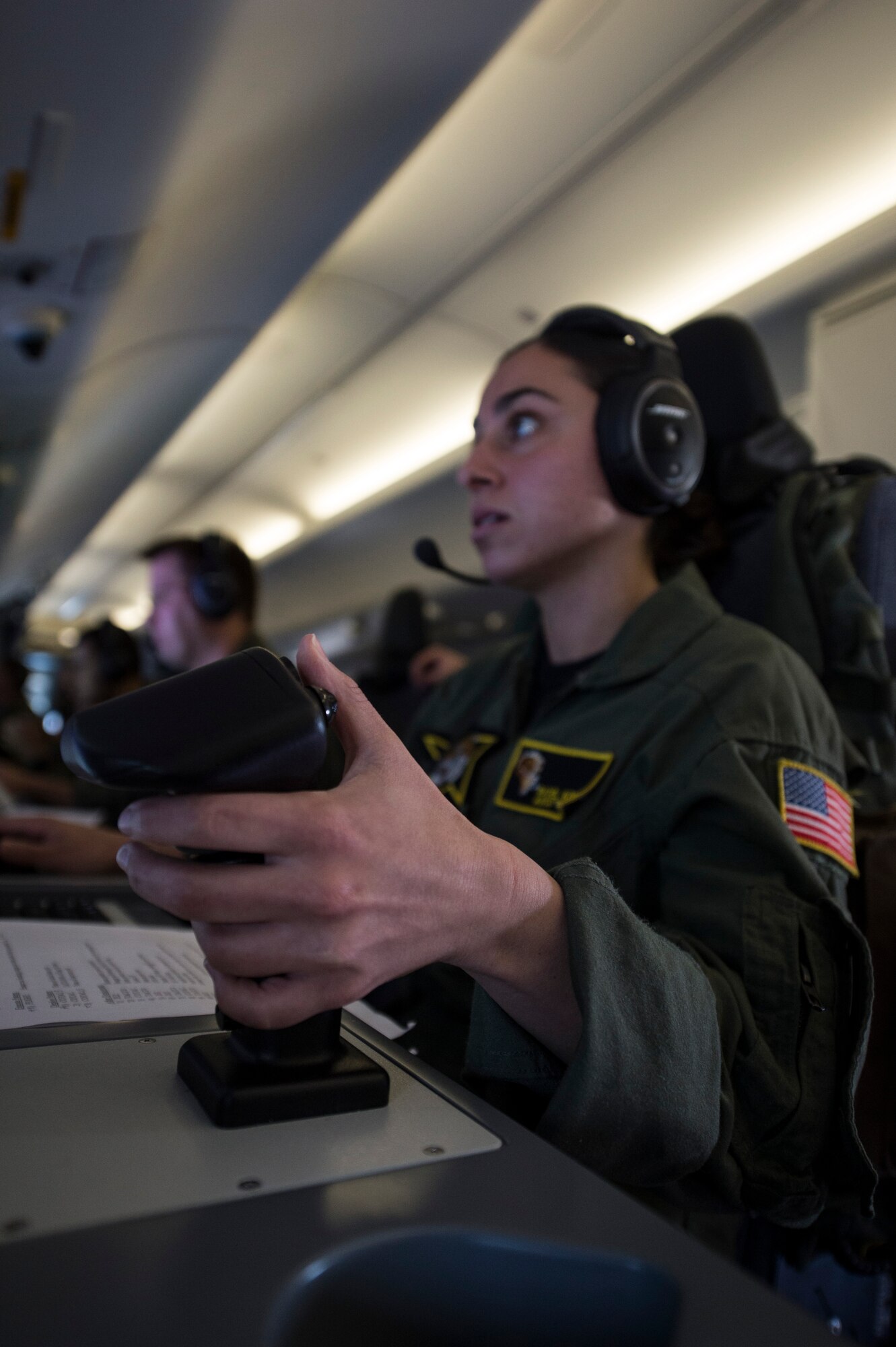 U.S. Navy Petty Officer 3rd Class Rachel Korzeb, Patrol Squadron Eight electronic warfare operator from Naval Air Station Jacksonville, Fla., operates a Boeing P-8 Poseidon surveillance turret during a BALTOPS 2015 mission over the Baltic Sea June 13, 2015. Electronic warfare operators monitor air or shipping traffic in the vicinity as well as any electronic signals coming from the traffic that could be threat emitters or service search emitters to track U.S. movements. U.S. Navy Sailors from Patrol Squadron Eight will remain on Spangdahlem for the duration of BALTOPS 2015. (U.S. Air Force photo by Staff Sgt. Christopher Ruano/Released)