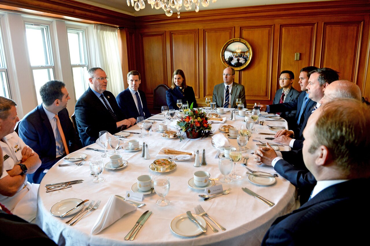 Deputy Defense Secretary Bob Work meets with Canadian Defense Minister Jason Kenney and Associate Defense Minister Julian Fantino at the Canadian Parliament in Ottawa, Canada, June 15, 2015. The leaders discussed global security challenges, including collaboration for ongoing operations in Iraq to counter the Islamic State of Iraq and the Levant. DoD photo by U.S. Army Sgt. 1st Class Clydell Kinchen