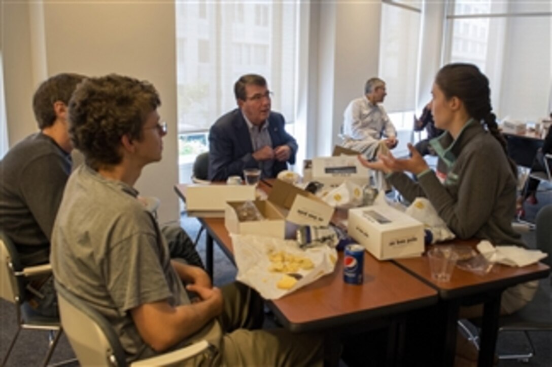 Defense Secretary Ash Carter has lunch and talks with a group of students at the American Association for the Advancement of Science in Washington D.C., June 13, 2015. 