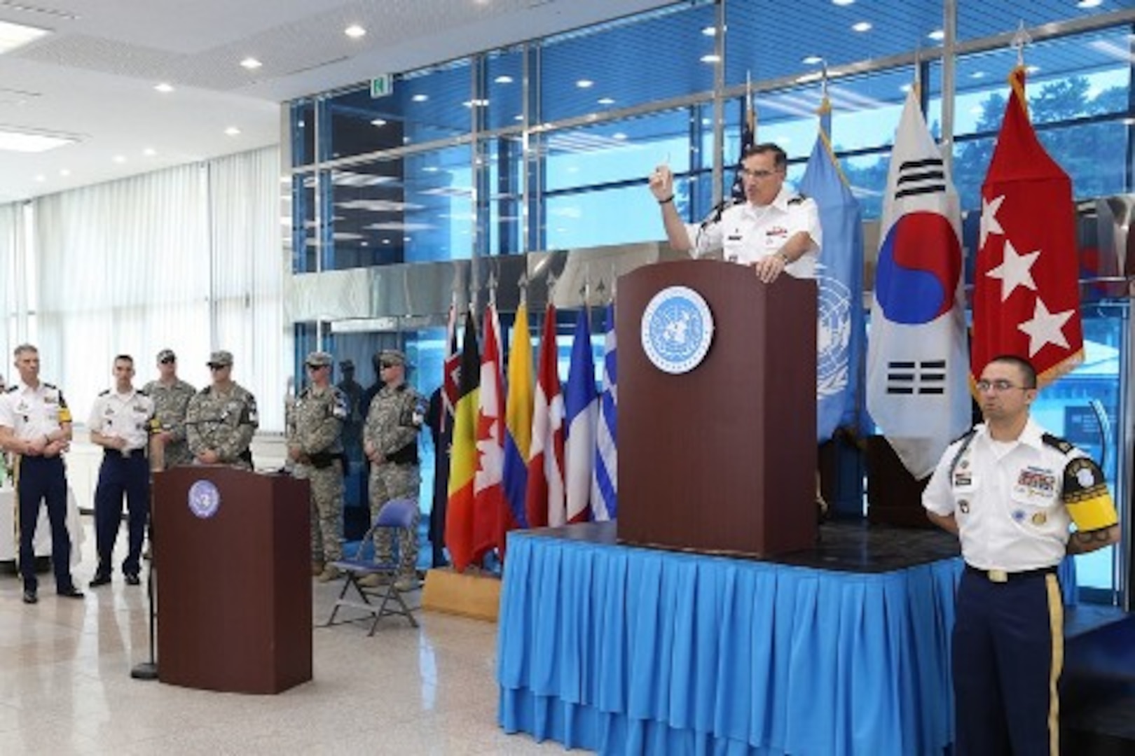 PANMUNJOM, South Korea -- Gen. Curtis M. Scaparrotti, Commanding Gen. United Nations Command/Combined Forces Command/United States Forces Korea, gives a speech at the Freedom House located in South Korea’s Joint Security Area commemorating the 61st anniversary of the Korean armistice. (U.S. Army photo by Sgt. Russell Youmans, USFK Command Photographer) 