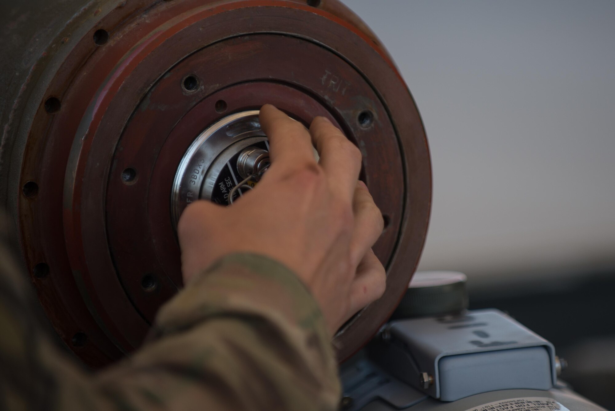 A U.S. Airman assigned to the 455th Expeditionary Maintenance Squadron Munitions Flight performs a six month inspection on Guided Bomb Unit-54 (GBU-54) munition at Bagram Airfield, Afghanistan, June 15, 2015. The 455th EMXS Munitions Flight ensures that every munition loaded onto an F-16 Fighting Falcon will perform as expected when used. (U.S. Air Force photo by Tech. Sgt. Joseph Swafford/Released)