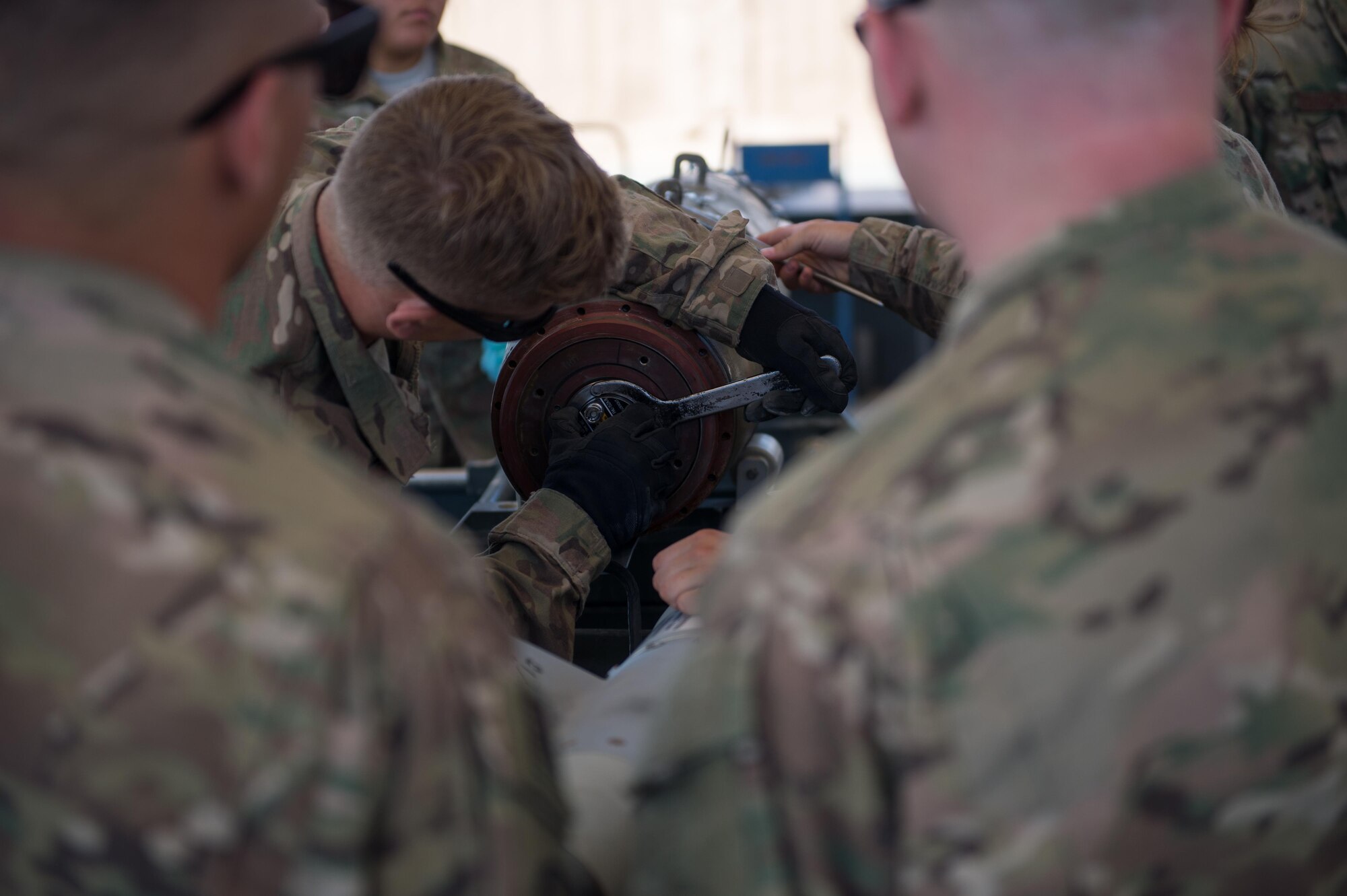 U.S. Air Force Airman 1st Class Matthew Mardis,  455th Expeditionary Maintenance Squadron Munitions Flight munitions technician, completes a six month inspection on a Guided Bomb Unit-54 (GBU-54) munition at Bagram Airfield, Afghanistan, June 15, 2015. The 455th EMXS Munitions Flight ensures that every munition loaded onto an F-16 Fighting Falcon will perform as expected when used. (U.S. Air Force photo by Tech. Sgt. Joseph Swafford/Released)