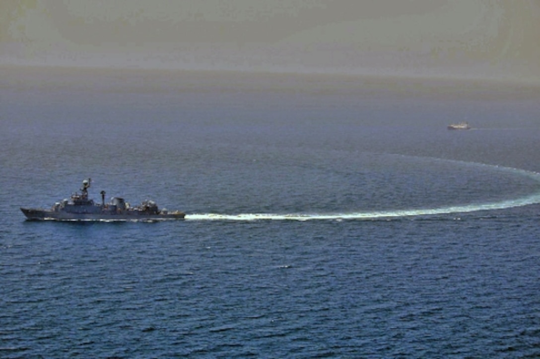 140531-N-ZZ999-011 WATERS TO THE WEST OF THE KOREAN PENNINSULA (May 31, 2014) Republic of Korea Navy Ulsan-class frigate Busan (FF959) conducts maneuvering exercises with French Navy Floreal-class light-surveillance frigate Prairial (F731) (not pictured) and Arleigh Burke-class guided-missile destroyer USS Wayne E. Meyer (DDG 108) (not pictured). Wayne E. Meyer is underway in the 7th Fleet area of responsibility supporting security and stability in the Indo-Asia-Pacific region. (Naval Aircrewman (Tactical Helicopter) 3rd Class Marco Gilio/Released) 