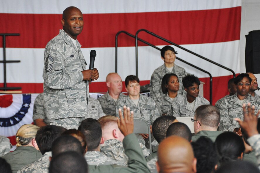 Chief Master Sgt. Lyndon Tubbs, 94th Airlift Wing command chief, addresses Airmen during an enlisted call at Dobbins Air Reserve Base, Ga., June 6, 2015. Tubbs introduced the chief master sergeants and first sergeants of the 94th Airlift Wing, and emphasized that these leaders are here for the sole purpose of serving the Airmen. (U.S. Air Force Photo/Senior Airman Miles Wilson)