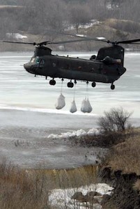 A National Guard CH-47 Chinook helicopter crew drops several one-ton
sandbags on the spill-way of the Clausen Springs Dam near Kathryn, N.D.,
April 15, 2009. The one-ton sandbags are being lowered and positioned into a
place on the dam spillway so they will divert over-flowing water away from
an eroding area of the dam, caused by high water levels. The dam spill-way
is considered a flood water retarding structure designed to gradually
release rain water and spring melt from the dam reservoir. The erosion
occurring on the dam spillway is threatening to allow larger volumes of
water than intended to over-flow into a creek.