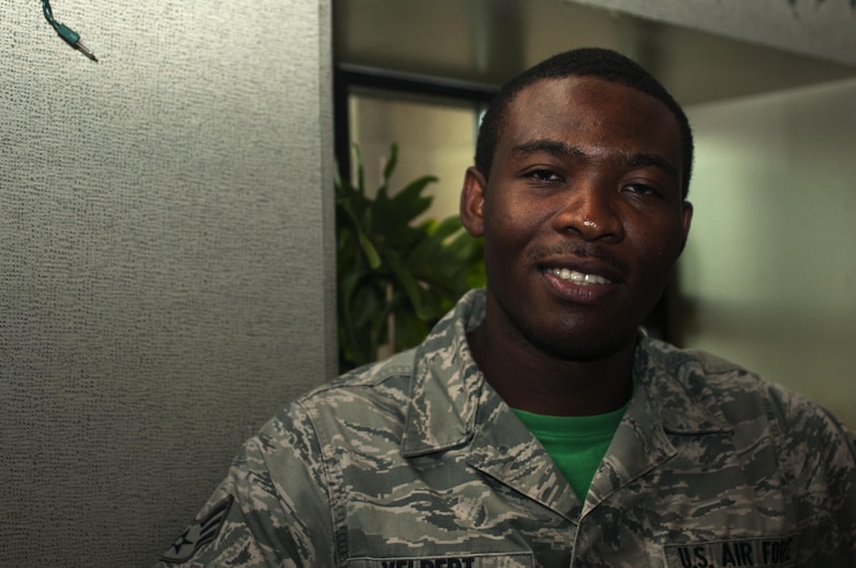 U.S. Air Force Senior Airman Stephen E. Yelbert, 17th Training Wing Comptroller financial assistant, poses for a photo at the Norma Brown building on Goodfellow Air Force Base, Texas, June 12, 2015. Yelbert hails from Ghana, Africa. (U.S. Air Force photo by Senior Airman Scott Jackson/Released)