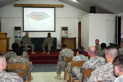 Army Staff Sgt. Matthew Smock and Army Sgt. Jaquin Harrison work through a
role-playing exercise during the Applied Suicide Intervention Skills Training
workshop on Victory Base Complex, Iraq, on March 18, 2011.