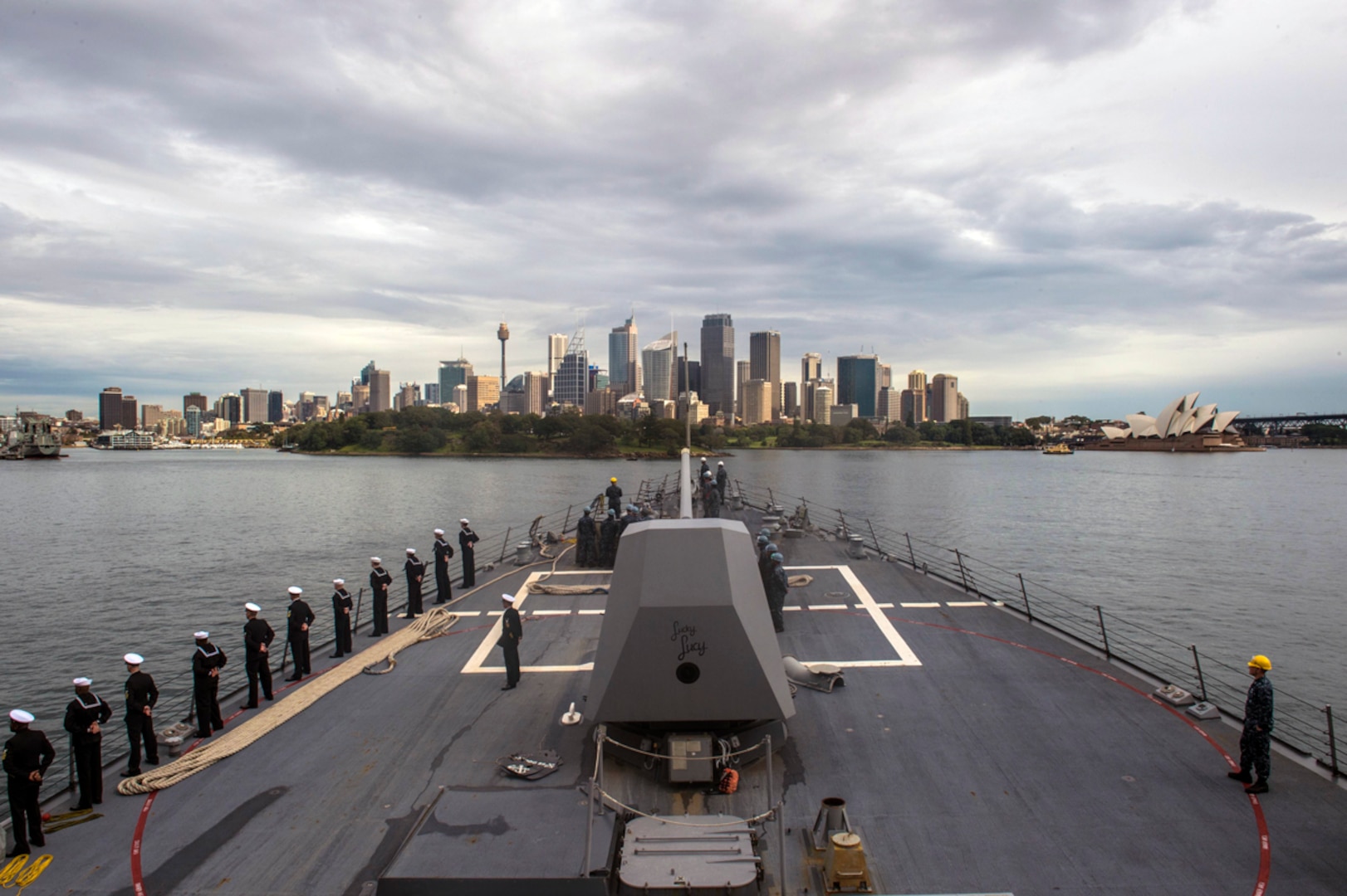 SYDNEY (June 17, 2015) - The Arleigh Burke-class guided-missile destroyer USS Mustin (DDG 89) transits through the Sydney Harbor as she prepares to moor for a port visit. Mustin is on patrol in the U.S. 7th Fleet area of responsibility in support of security and stability in the Indo-Asia-Pacific region. 