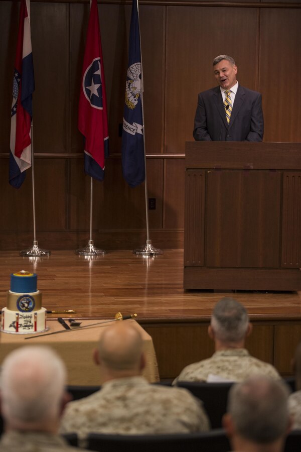 Gregg T. Habel, executive director of Marine Forces Reserve and Marine Forces North, addresses the audience at the Navy Hospital Corpsman Birthday cake-cutting ceremony at Marine Corps Support Facility New Orleans, June 17, 2015. The hospital corps celebrated their 117th birthday this year. Habel spoke of the importance of hospital corpsmen and shared several unique experiences. The rating of hospital corpsman is the most decorated in the United States Navy, with 22 Medals of Honor, 178 Navy Crosses, 31 Navy Distinguished Service Medals, 946 Silver Stars, over 1,500 Bronze Stars and 20 naval ships named after hospital corpsmen. 