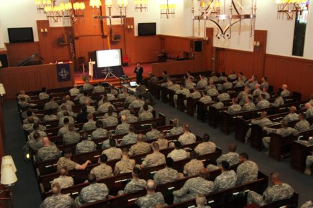 YONGSAN GARRISON, SEOUL, South Korea - A former North Korean spy and defector discussed the motivations of North Korean Soldiers and the hardships they endure during a U.S. Forces Korea noncommissioned officer professional development lecture for senior enlisted leaders March 12 at the Memorial Chapel. (U.S. Army photo by Cpl. Choi Ho-Gyu, U.S. Forces Korea PAO) 