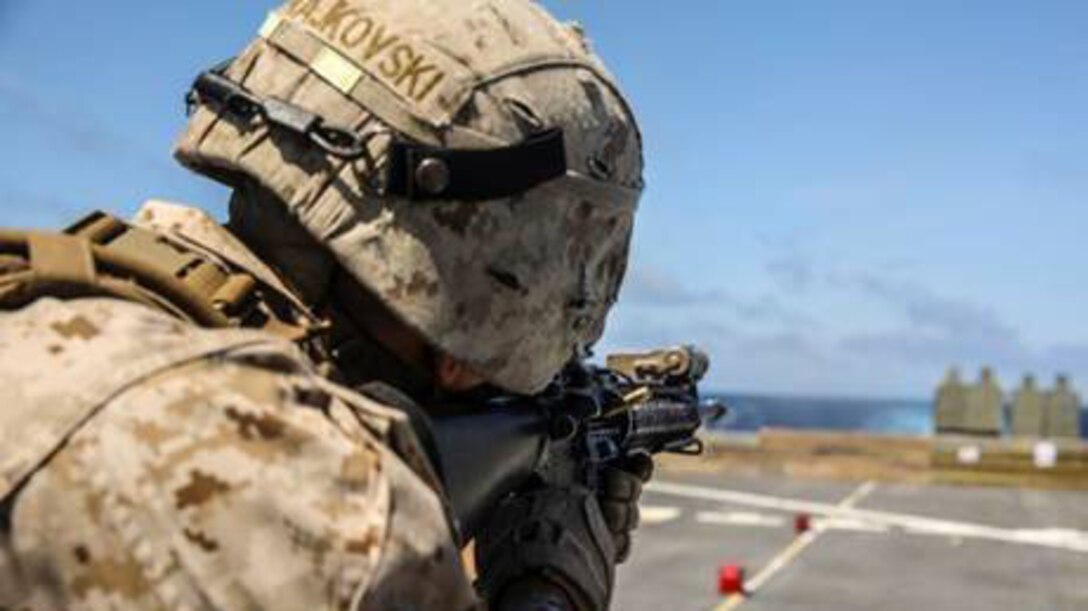 Lance Corporal Jerimiah Trajkovski, a squad leader with 2nd Platoon, Charlie Company, 1st Battalion, 6th Marine Regiment and native of Macomb, Michigan, fires his rifle during a close-quarters training exercise aboard the USS San Antonio en route from New York City to Europe, May 26-June 6, 2015. BALTOPS is an annual exercise that provides the opportunity for the North Atlantic Treaty Organization and regional partners to strengthen inoperability through a series of tactical maneuvers and scenarios. The exercise involves Marines, sailors, airmen and soldiers of participating nations working side-by-side to enhance each other’s tactics and expertise, both on land and sea.