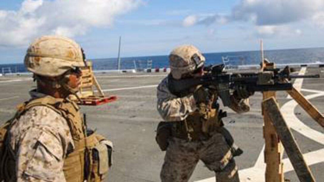 Lance Corporal John Shepherd, a rifleman with 2nd Platoon, Charlie Company, 1st Battalion, 6th Marine Regiment and native of Wilkes-Barre, Pennsylvania, conducts close-quarters training aboard the USS San Antonio en route from New York City to Europe for operation BALTOPS May 26-June 6, 2015. BALTOPS is an annual exercise that provides the opportunity for the North Atlantic Treaty Organization and regional partners to strengthen inoperability through a series of tactical maneuvers and scenarios. The exercise involves Marines, sailors, airmen and soldiers of participating nations working side-by-side to enhance each other’s tactics and expertise, both on land and sea.