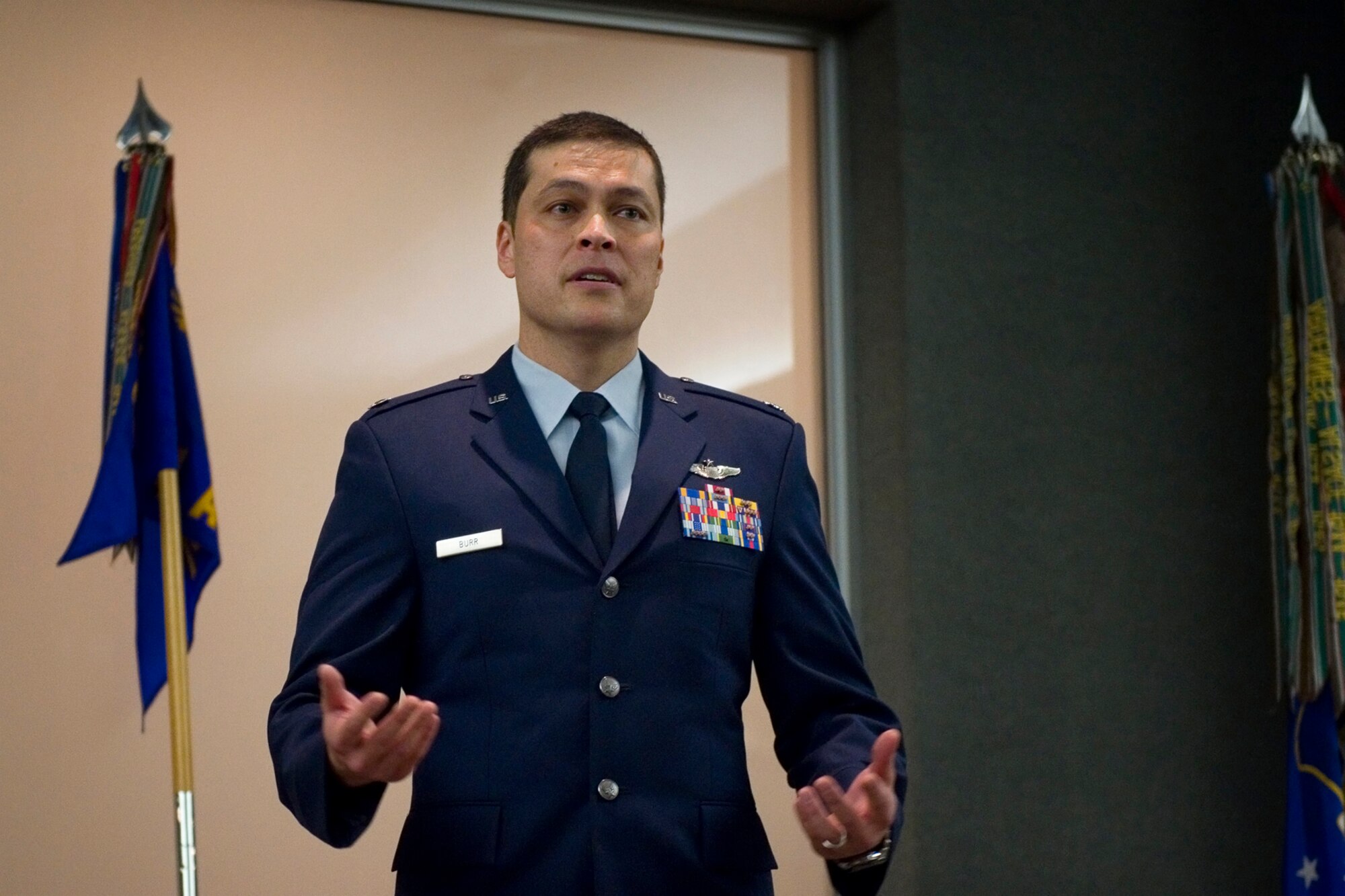Lt. Col. Brian Burr, 74th Air Refueling Squadron commander, speaks to guests at a change of command ceremony at Grissom Air Reserve Base, Ind., June 6, 2015. Burr was given command of the 74th ARS during the ceremony. (U.S. Air Force photo/Tech. Sgt. Benjamin Mota)