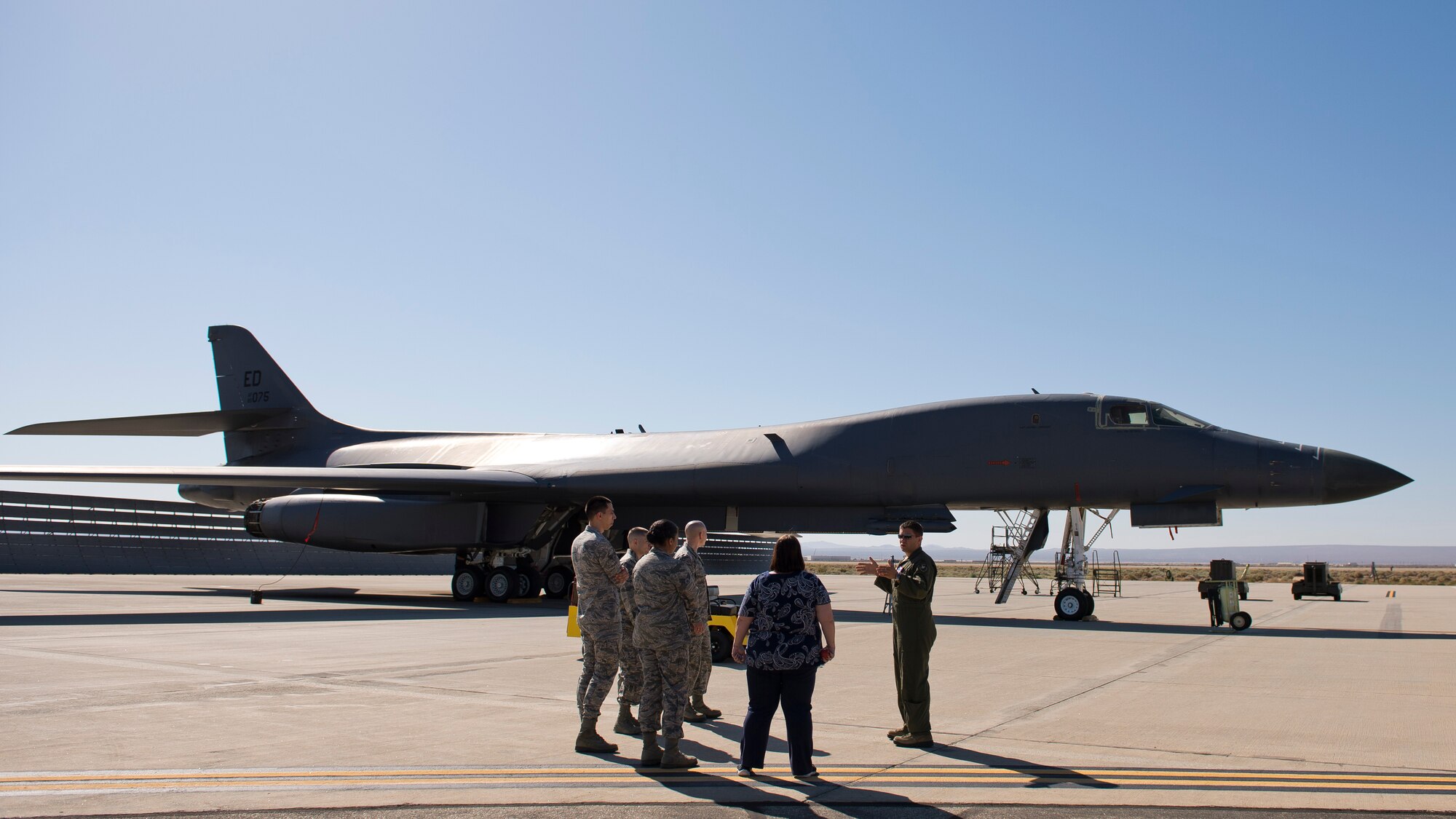 Maj. Kristopher Rorberg, discusses the B-1 Lancer bomber during a 412th Operations Group Immersion event June 8. (U.S. Air Force photo by Ethan Wagner)