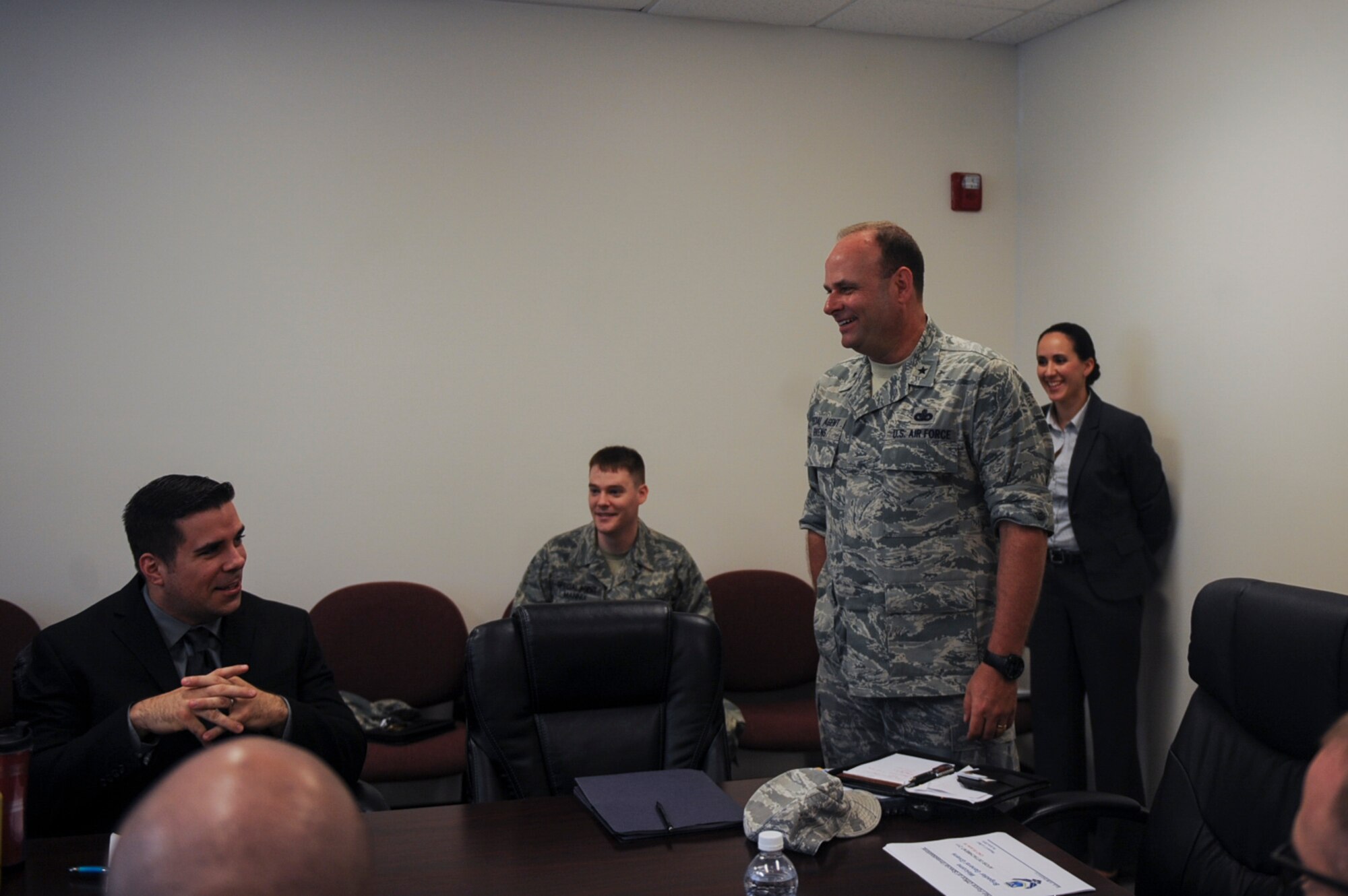 U.S. Air Force Brig. Gen. Kevin Givens, Air Force Office of Special Investigations commander, speaks to the agents of Detachment 211 during his visit June 16, 2015, at Moody Air Force Base, Ga. Givens visited the detachment to conduct a meet and greet with the agents and get a firsthand look of their day-to-day operations. (U.S. Air Force photo by Senior Airman Olivia Bumpers/Released)