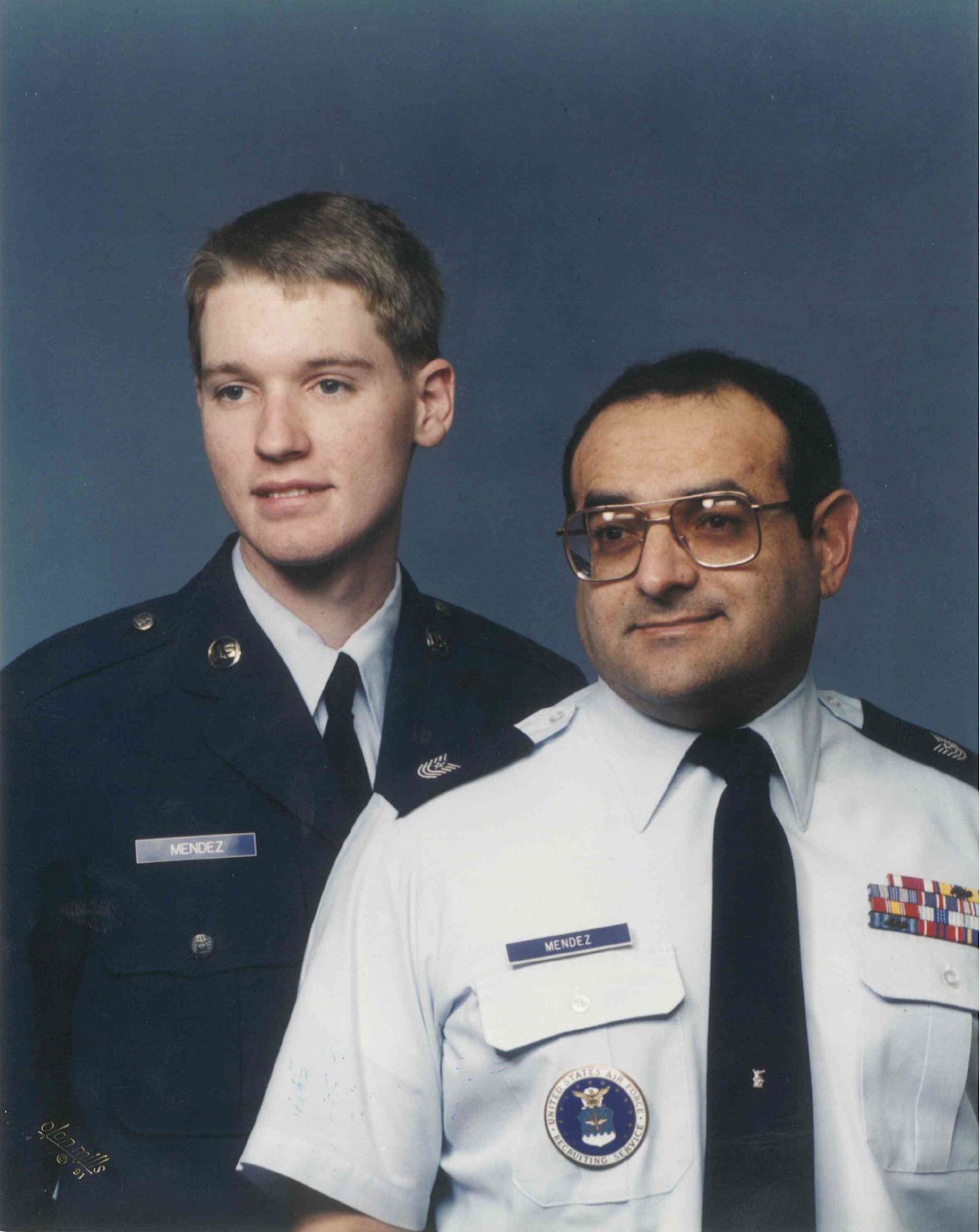 Airman Basic Richard S. Mendez and Master Sgt. Guadalupe Mendez in 1991. The younger Mendez jokes, “People mistook us for twin brothers a lot.” Now-Lt. Col. Richard S. Mendez is commander of the 332nd Recruiting Squadron in Nashville, Tennessee. (Courtesy photo)