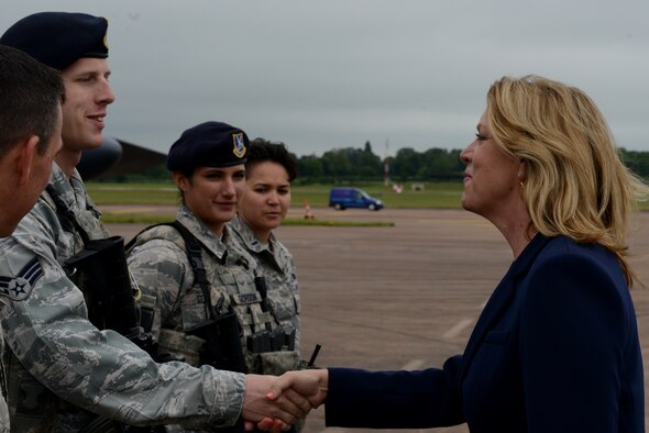 Secretary of the Air Force Deborah Lee James speaks with security forces Airmen from Minot Air Force Base, N.D,, who are forward deployed at RAF Fairford, United Kingdom, during her visit to the UK, June 17, 2015. U.S. Airmen attached to the Air Force Global Strike Command are participating in the multi-national BALTOPS 2015 and Saber Strike exercises from RAF Fairford, that is able to serve a unique and strategic role in bomber contingency operations in Europe. (U.S. Air Force photo by Tech. Sgt. Chrissy Best)