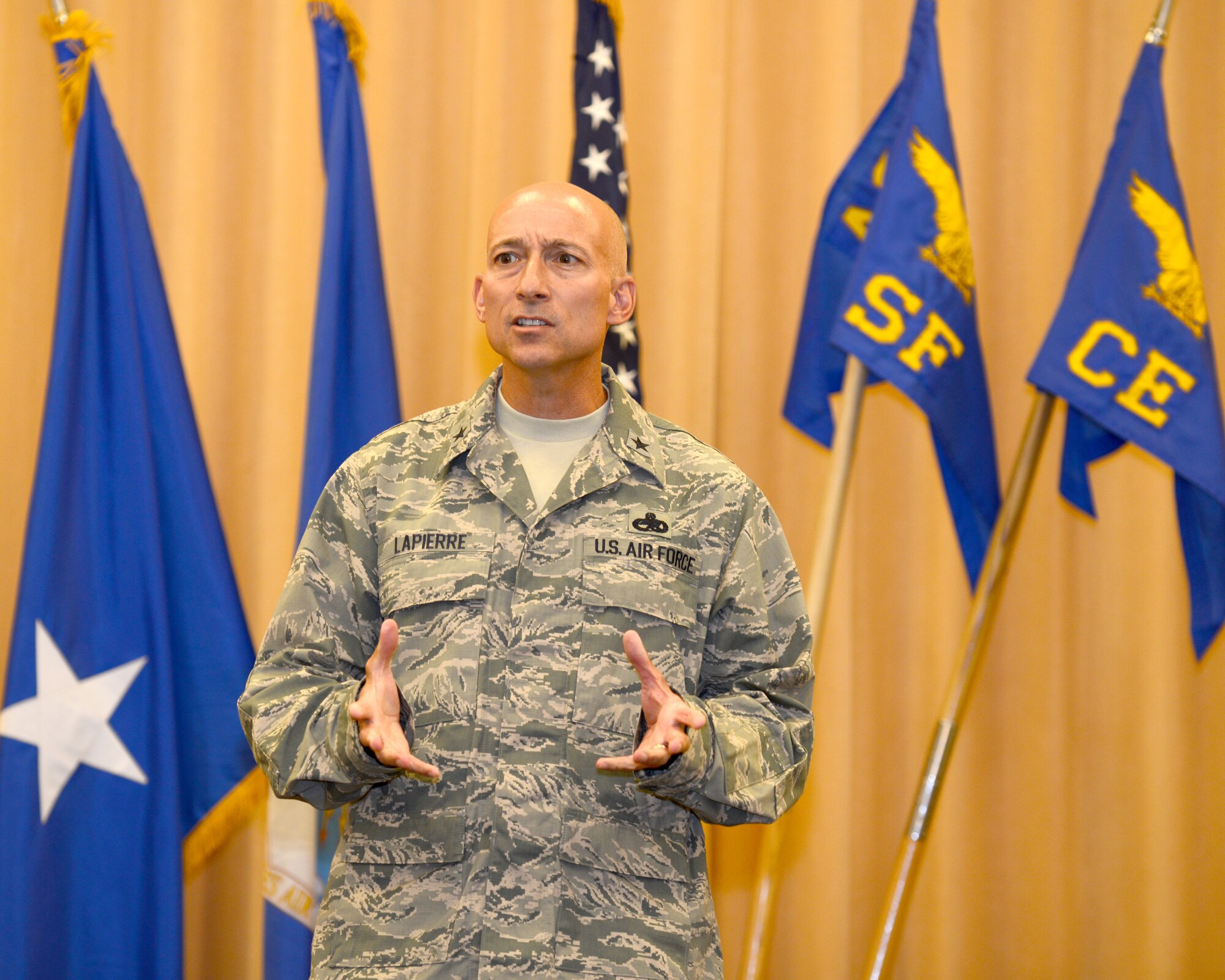 U.S. Air Force Brig. Gen. Kenneth Lapierre, Air Combat Command Logistics, Engineering and Force Protection director, speaks during the ACC Installations and Mission Support Directorate’s inactivation ceremony at Langley Air Force Base, Va., June 16, 2015. After changing from the Logistics, Installations and Mission Support Directorate to the Logistics, Engineering and Force Protection Directorate in May, 2015, the directorate is now responsible for security forces and civil engineers. The inactivation of the ACC Installations and Mission Support Directorate and the re-designation of its constituents is a part of the Air Force’s efforts to become more organized and efficient. (U.S. Air Force photo by Airman 1st Class Devin S. Michaels/Released)