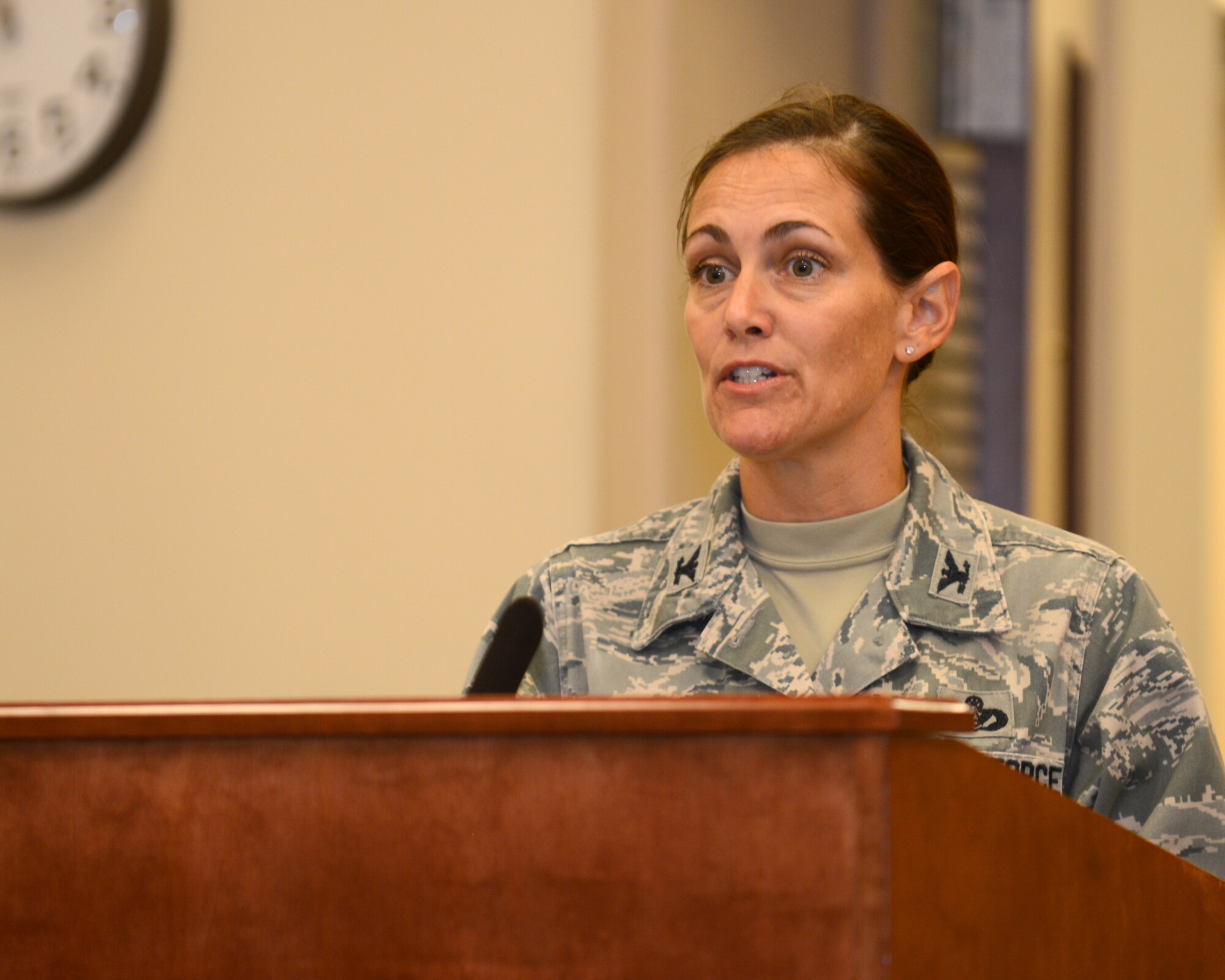 U.S. Air Force Col. Jennifer Kilborn, Air Combat Command civil engineering chief, speaks during the ACC Installations and Mission Support Directorate’s inactivation ceremony at Langley Air Force Base, Va., June 16, 2015. While active, the ACC Installations and Mission Support Directorate led the joint base transition for Joint Base Langley-Eustis and invested $85 million in energy and water conservation projects, which now save more than $14 million annually. (U.S. Air Force photo by Airman 1st Class Devin S. Michaels/Released)