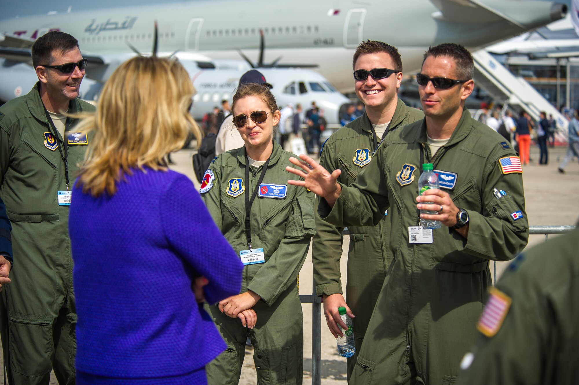 WC-130J Hurricane Hunter operators explain their mission and capabilities to Secretary of the Air Force Deborah Lee James during the Paris Air Show at Le Bourget Airport, France, June 16, 2015. The Paris Air Show provides a collaborative opportunity to share and strengthen the U.S. and European strategic partnership that has been forged during the last seven decades and is built on a foundation of shared values, experiences and vision. The event is expected to bring in 315,000 people, a record 2,215 companies, 150 aircraft, and will span 324,000 square meters. (U.S. Air Force photo/ Tech. Sgt. Ryan Crane)