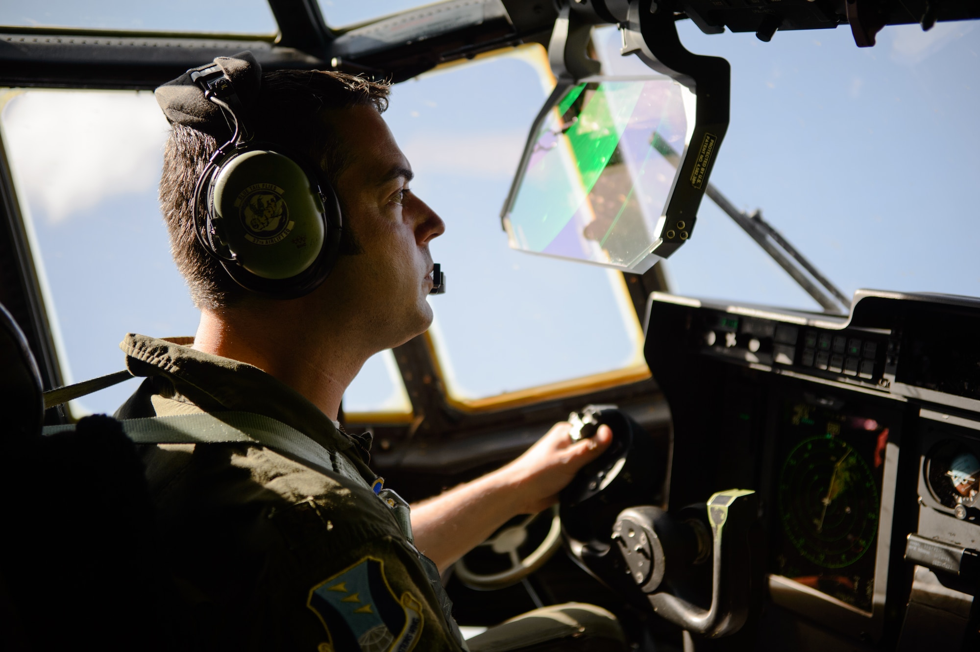 Maj. Joey Lubbers, 435th Air Ground Operation Wing pilot, flies a C-130J Super Hercules during a jump day at the Lielvarde Air Base, Latvia, June 15, 2015. More than 70 U.S. Air Force, U.S. Army and Latvian service members participated in a jump day to strengthen the bonds of allies and learn from each other during exercise Saber Strike 15. The exercise involves more than 6,000 service members from 14 nations participation all throughout Estonia, Latvia, Lithuania, and Poland to learn from each other and promote stability is the region. (U.S. Air Force photo/ Staff Sgt. Armando A. Schwier-Morales)