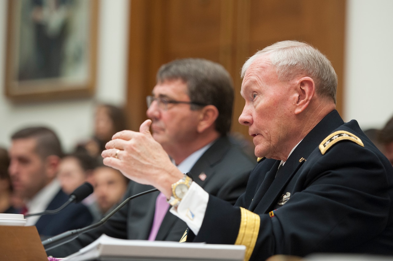 Chairman of the Joint Chiefs of Staff Army Gen. Martin E. Dempsey and Secretary of Defense Ashton Carter testify before the House Armed Services Committee in Washington, D.C., June 17, 2015. DoD photo by Navy Mass Communication Specialist 1st Class Daniel Hinton