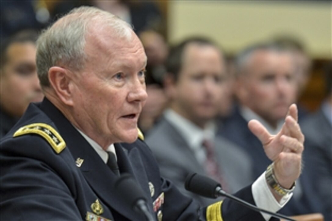 Army Gen. Martin E. Dempsey, chairman of the Joint Chiefs of Staff, testifies on U.S. policy and strategy in the Middle East before the House Armed Services Committee in Washington, D.C., June 17, 2015. Defense Secretary Ash Carter provided opening remarks on the issues during the hearing and both leaders responded to questions.