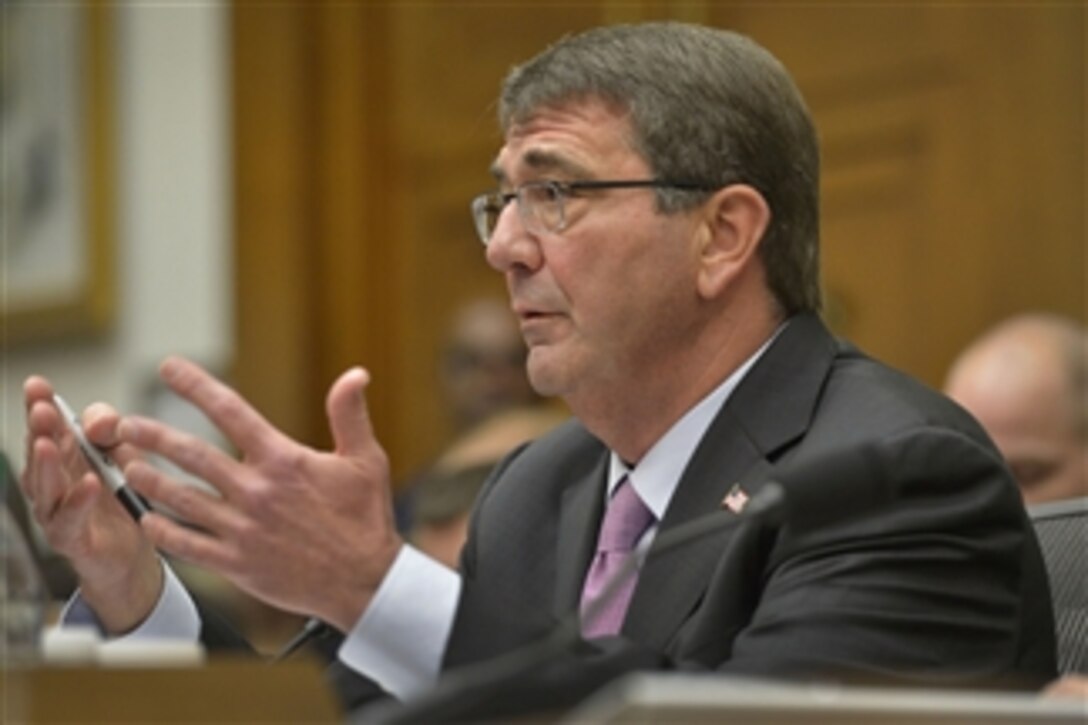 Defense Secretary Ash Carter testifies on U.S. policy and strategy in the Middle East before the House Armed Services Committee in Washington, D.C., July 17, 2015. Army Gen. Martin E. Dempsey, chairman of the Joint Chiefs of Staff, joined Carter and gave testimony during the hearing.